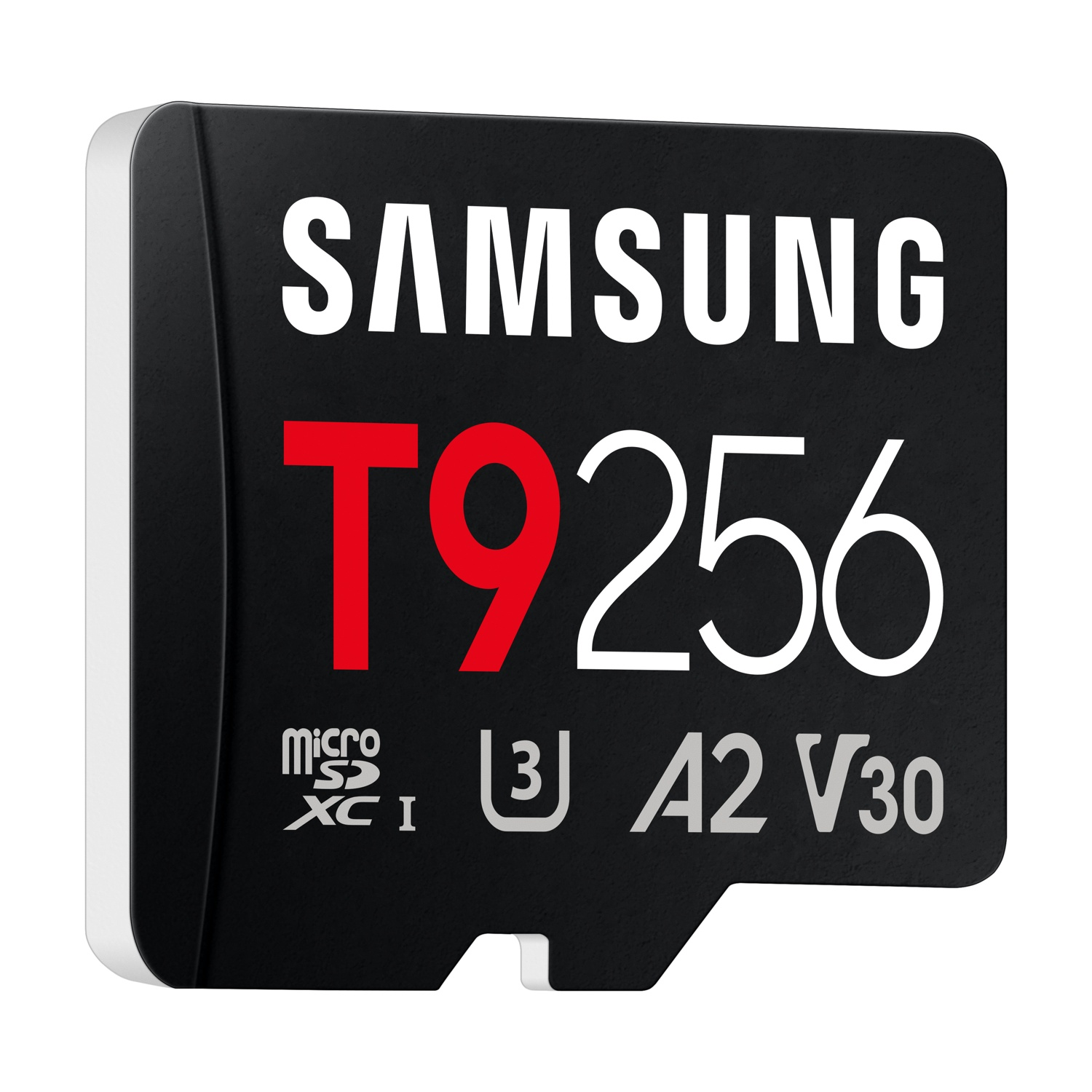 Scheda microSD Samsung nera con etichetta T9 256GB, A2, V30.