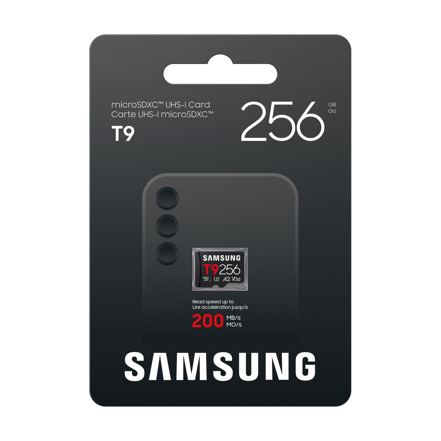 Confezione scheda microSDXC Samsung T9 da 256 GB con velocità di lettura fino a 200 MB/s.