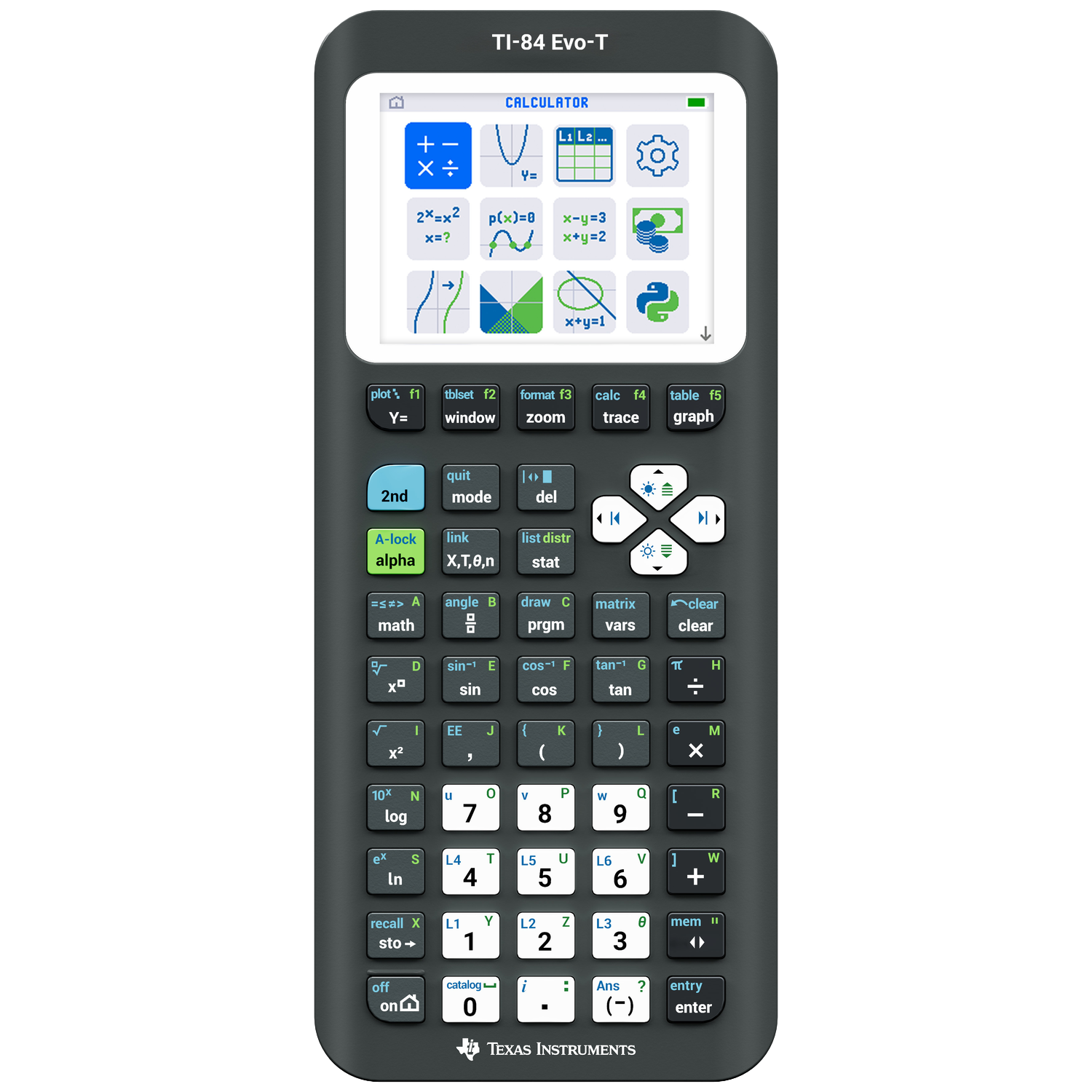Een grijze TI-84 Evo-T rekenmachine met diverse apps op het scherm.