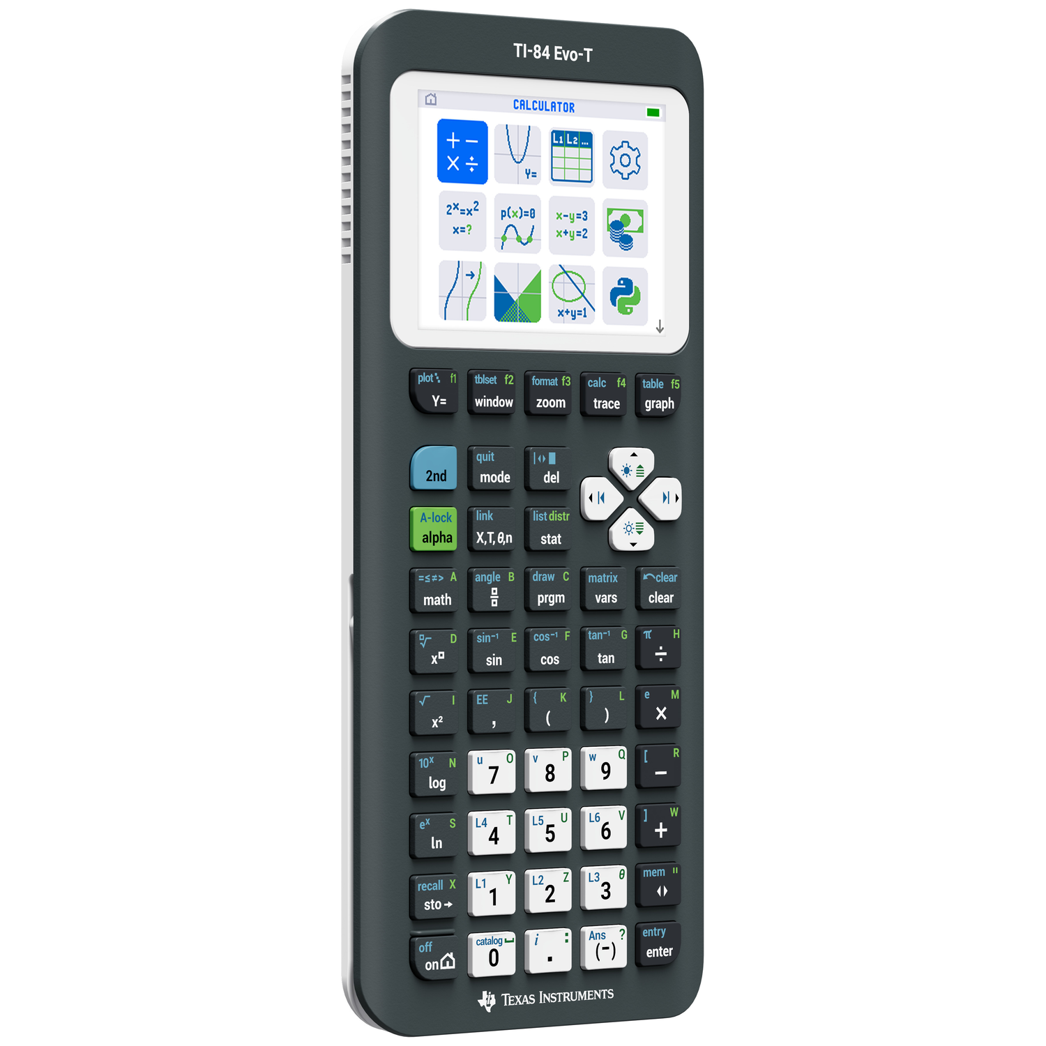 Een grijze TI-84 Evo-T rekenmachine met een helder scherm dat iconen toont.