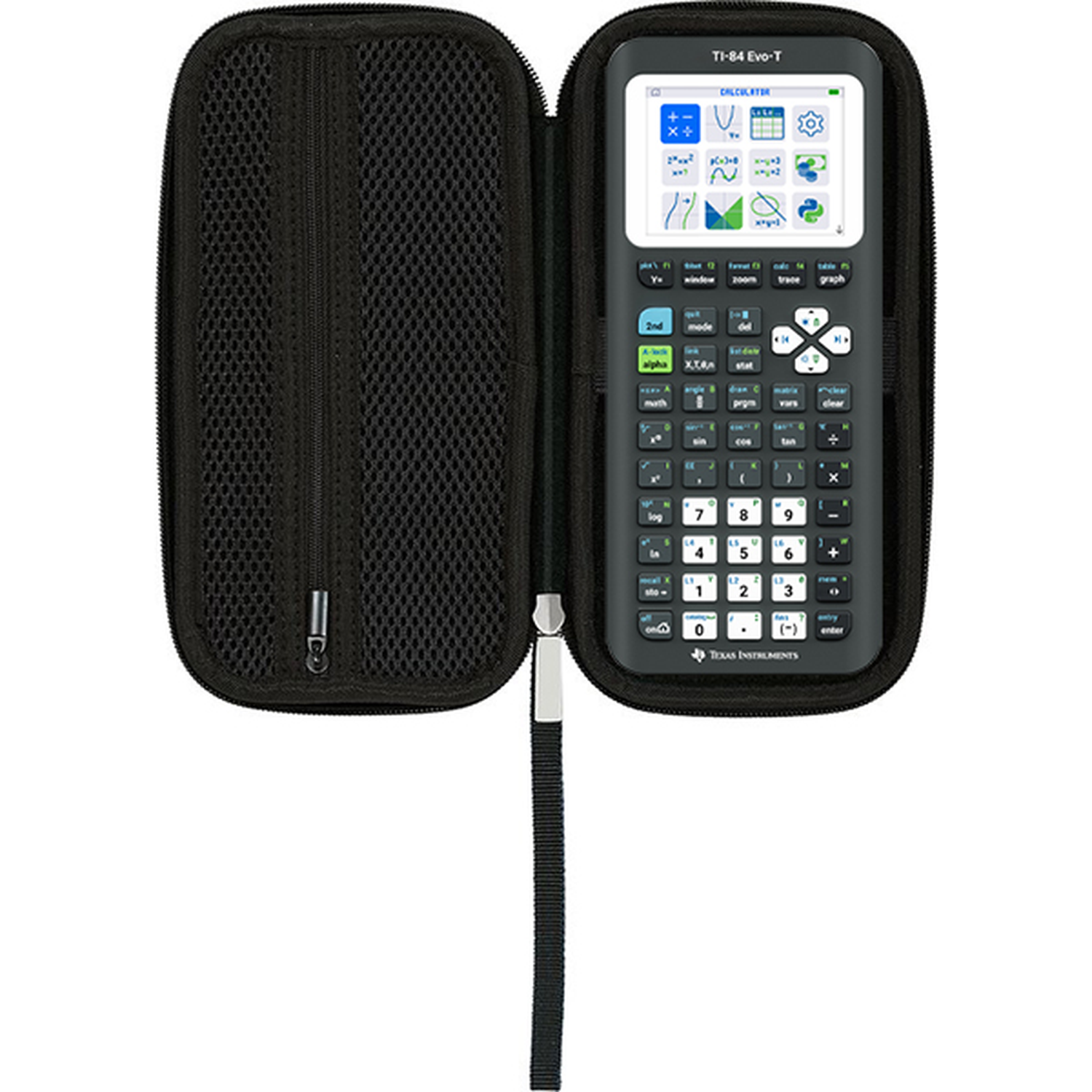 Een zwarte hoes bevat een geopende TI-84 Evo-T rekenmachine met een helder scherm en toetsenbord.