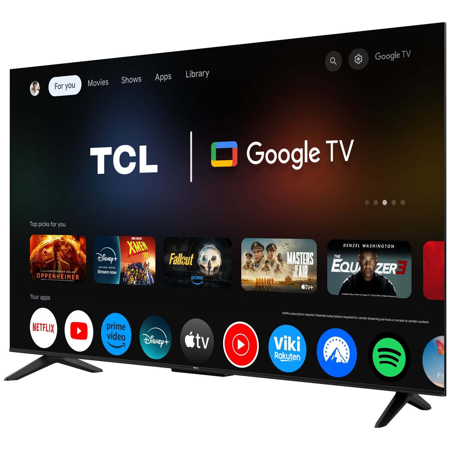 Een TCL Google TV met een gebruikersinterface die films en apps toont.