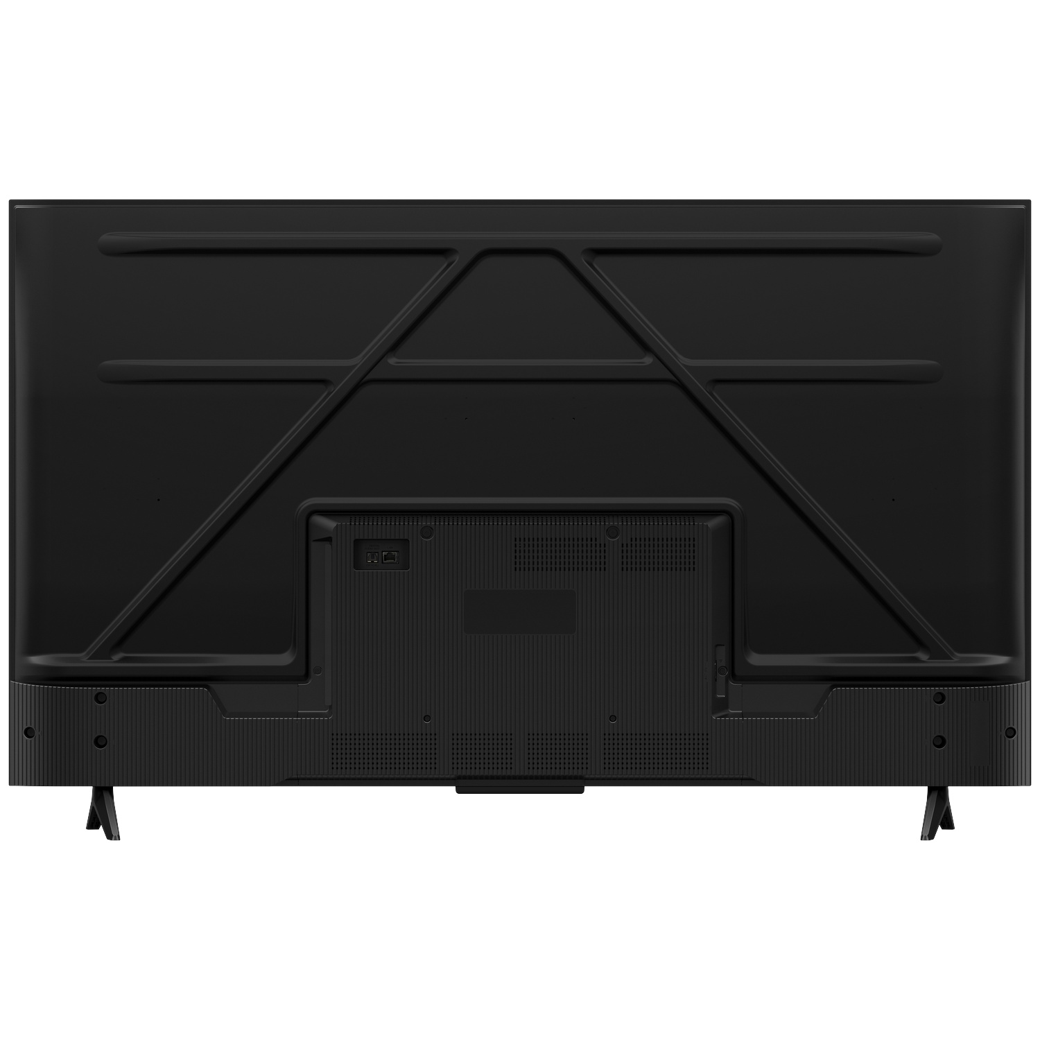 Achterkant van een zwarte televisie met standaard. Poorten en ventilatieopeningen zijn zichtbaar.