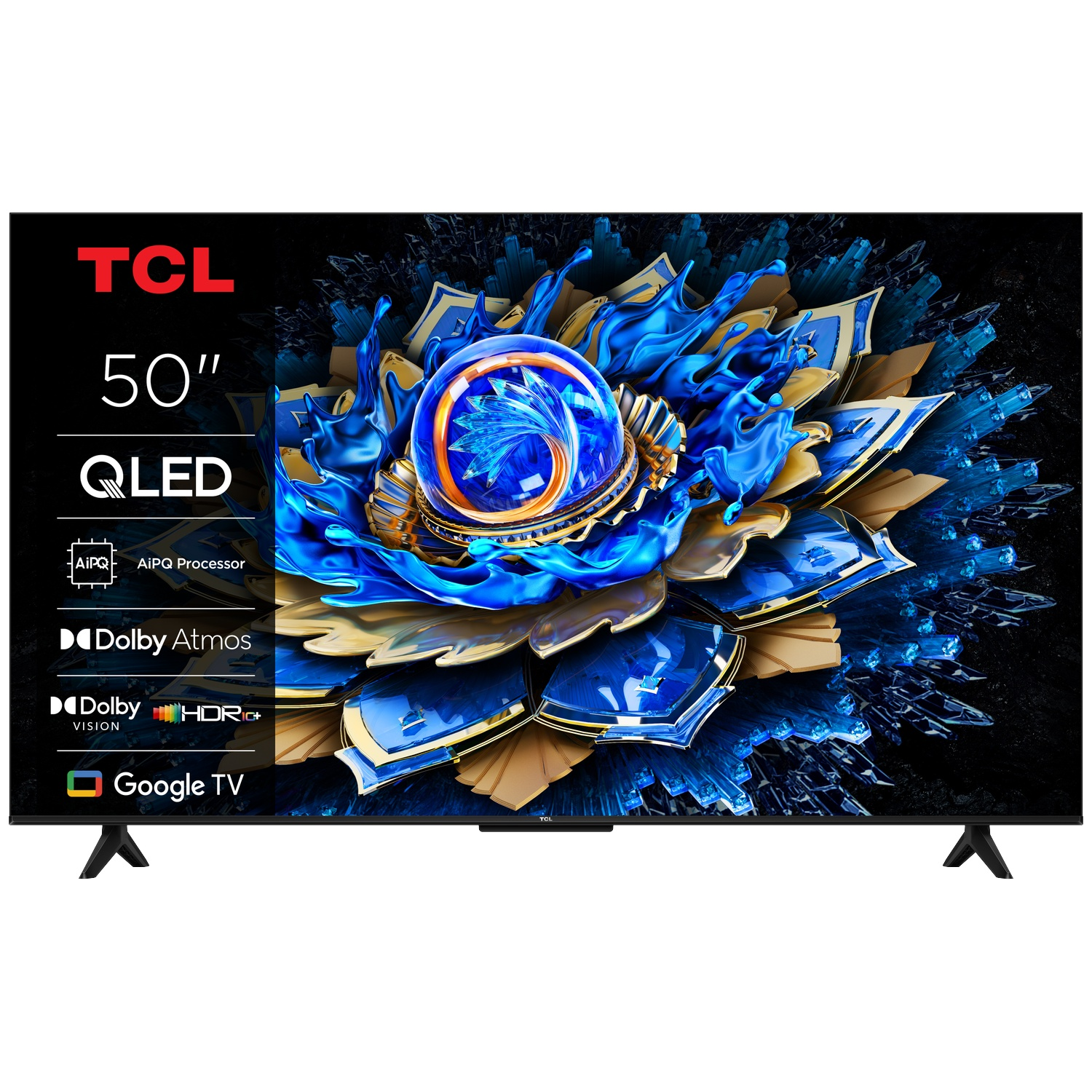 Een TCL 50" QLED TV met Dolby Vision en Google TV, toont een abstracte afbeelding.