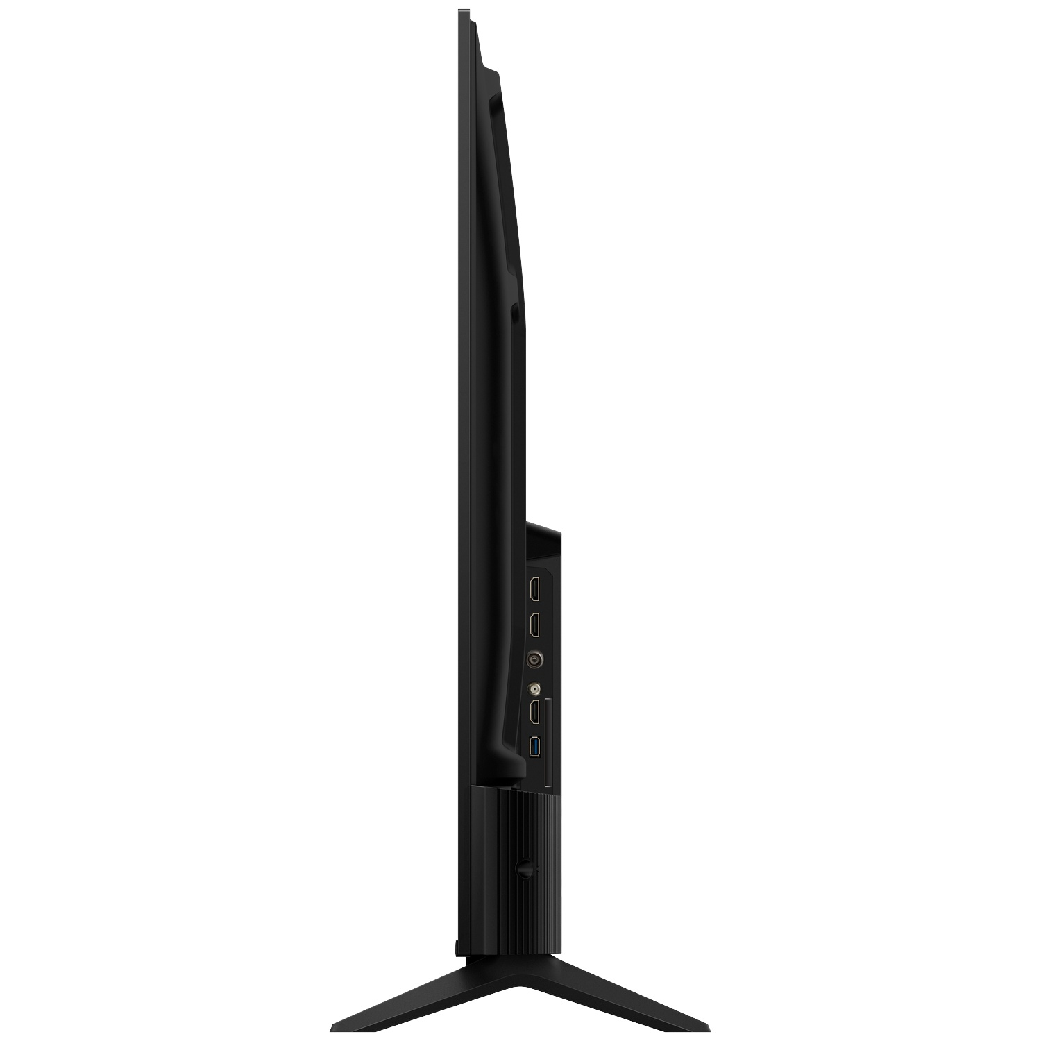 Zijaanzicht van een slanke zwarte televisie met poorten aan de zijkant.