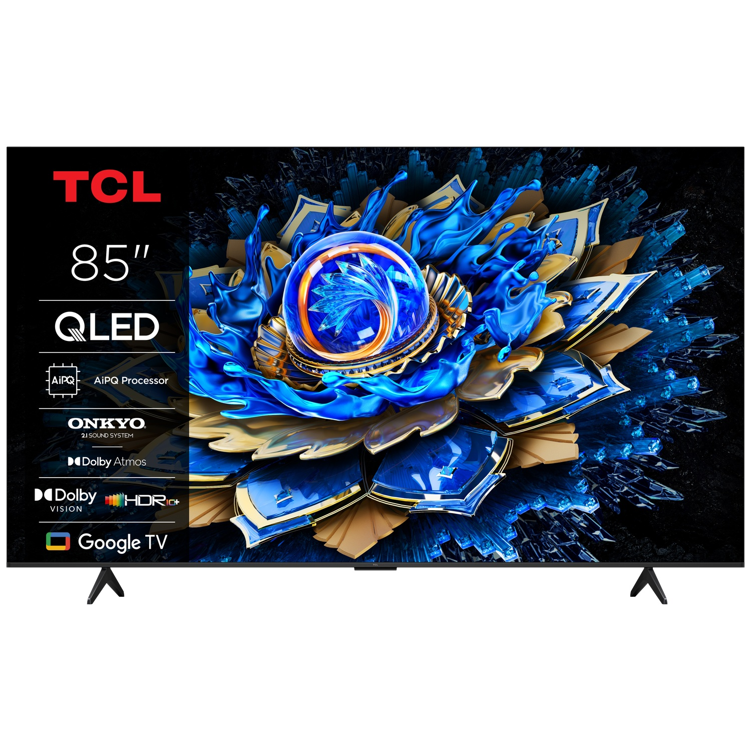Een 85-inch TCL QLED TV met een gestileerd blauw en goud bloempatroon.