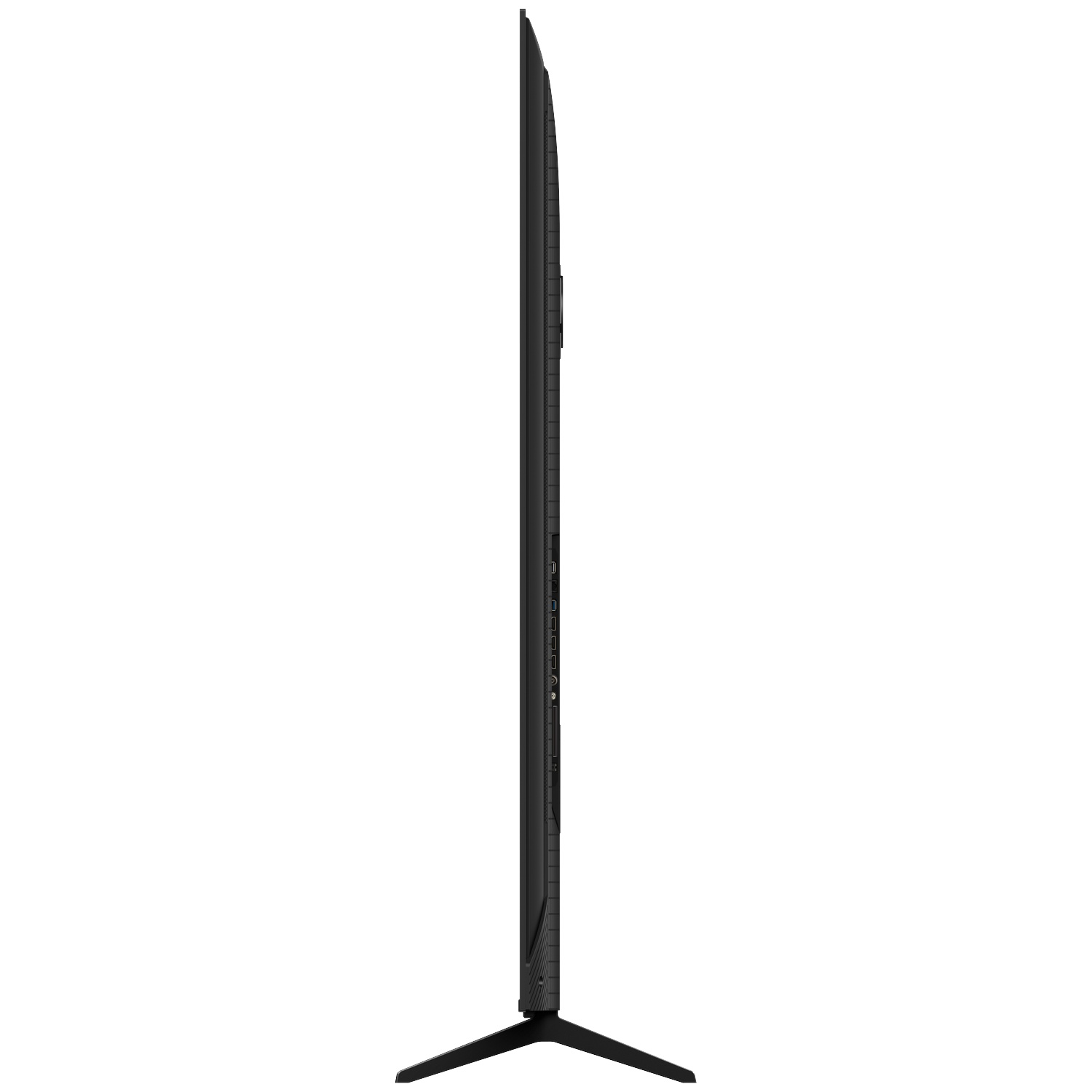 Zijaanzicht van een slanke zwarte televisie met standaard op witte achtergrond.