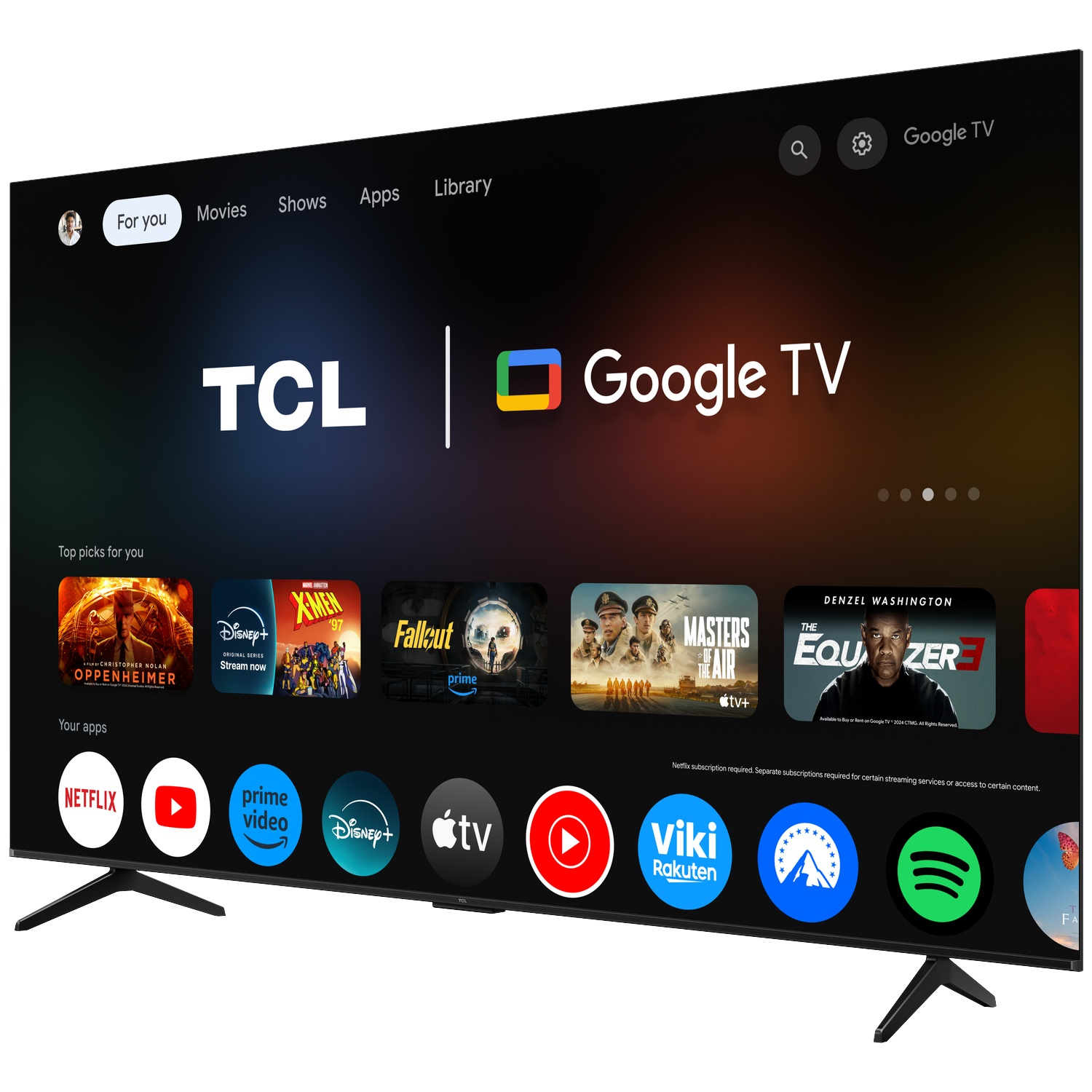 Een moderne tv toont de Google TV-interface met app-pictogrammen en filmposters.