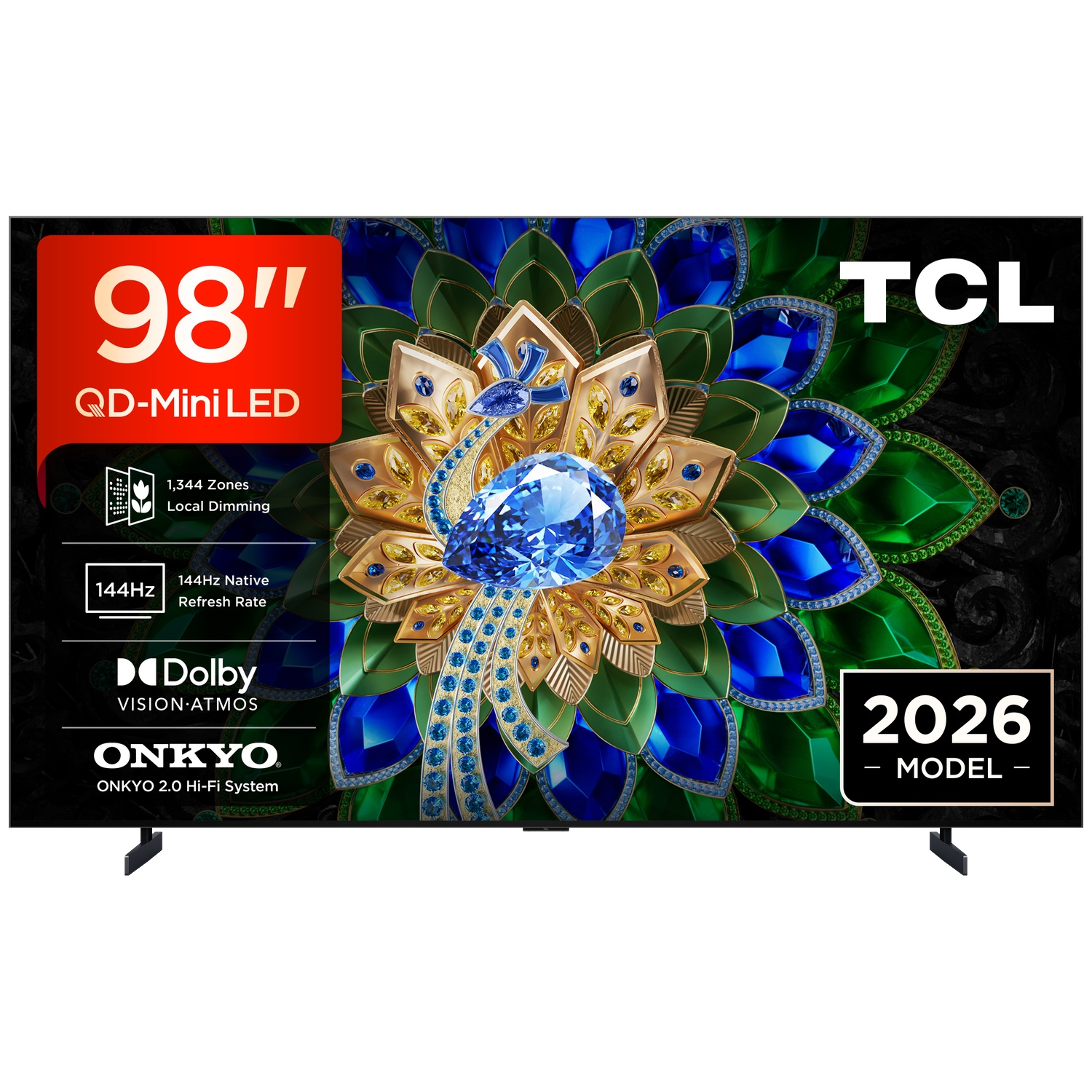 Een 98-inch TCL TV met QD-Mini LED, 144Hz, Dolby Vision/Atmos & Onkyo audio.