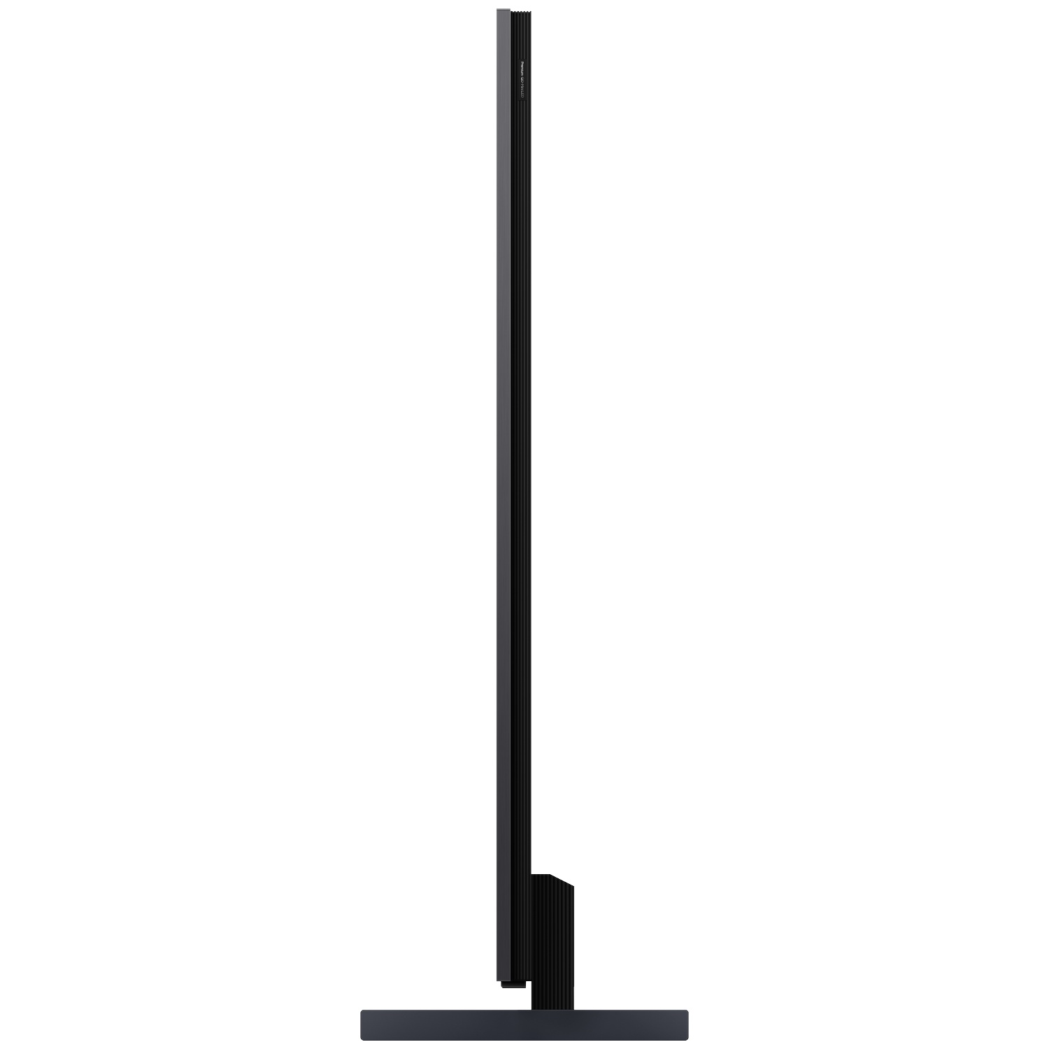Een slanke zwarte televisie met een smalle voet, van opzij gezien.