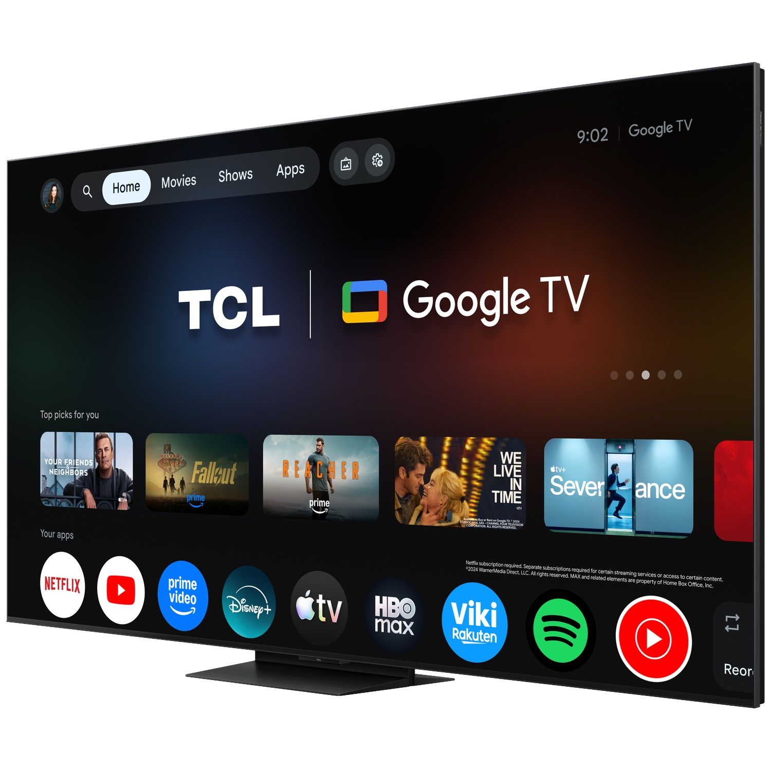 Une TV moderne affichant l'interface Google TV, montrant apps et films.