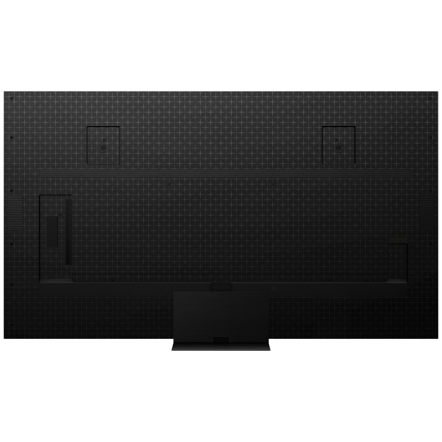 Vue arrière d'une télévision à écran plat noire avec motif en grille et un pied central.