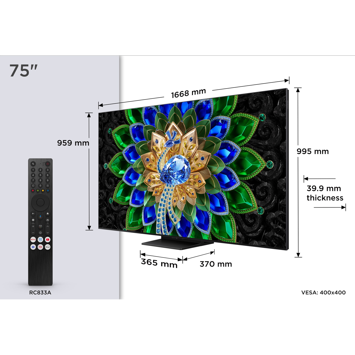 Un téléviseur de 75 pouces avec écran décoratif, télécommande et dimensions.
