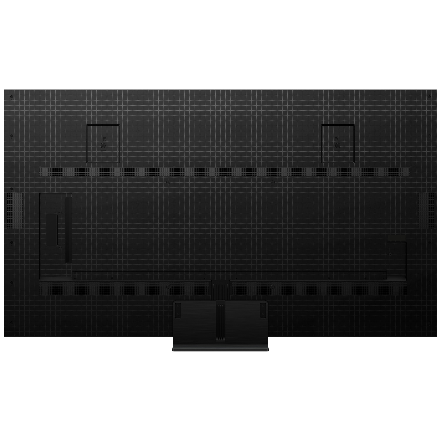 Arrière d'un téléviseur noir avec motif de grille et pied.