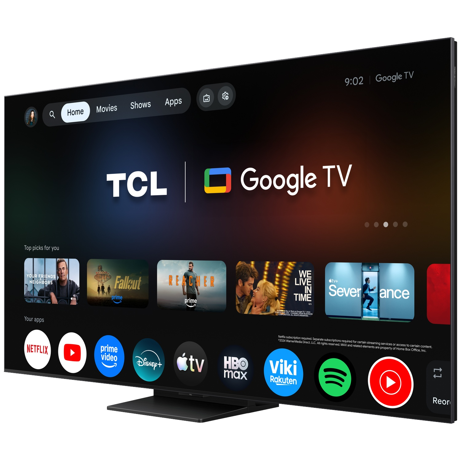 Un téléviseur TCL Google TV affiche son interface avec des applications comme Netflix, Prime Video et Disney+.