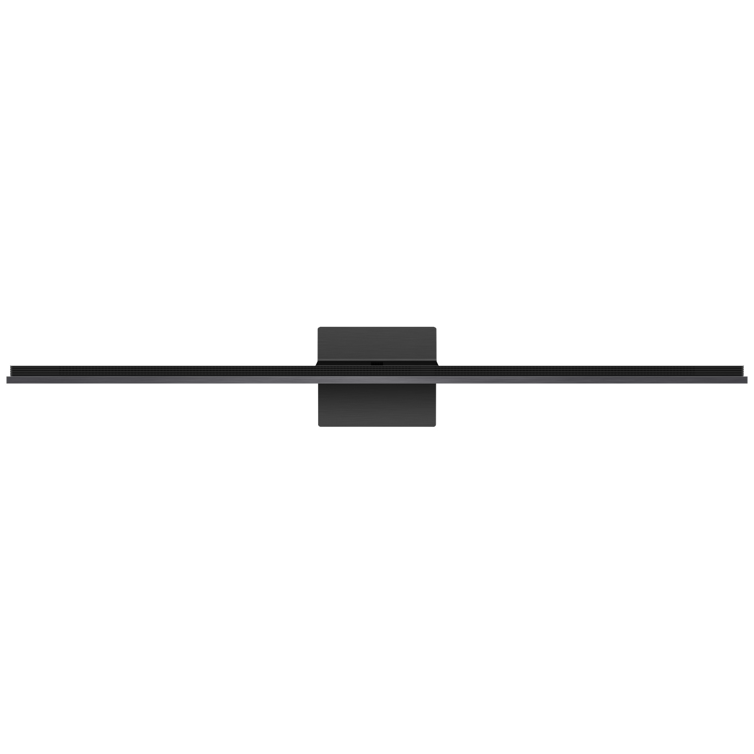Un téléviseur noir avec un pied fin, vu de dessus.