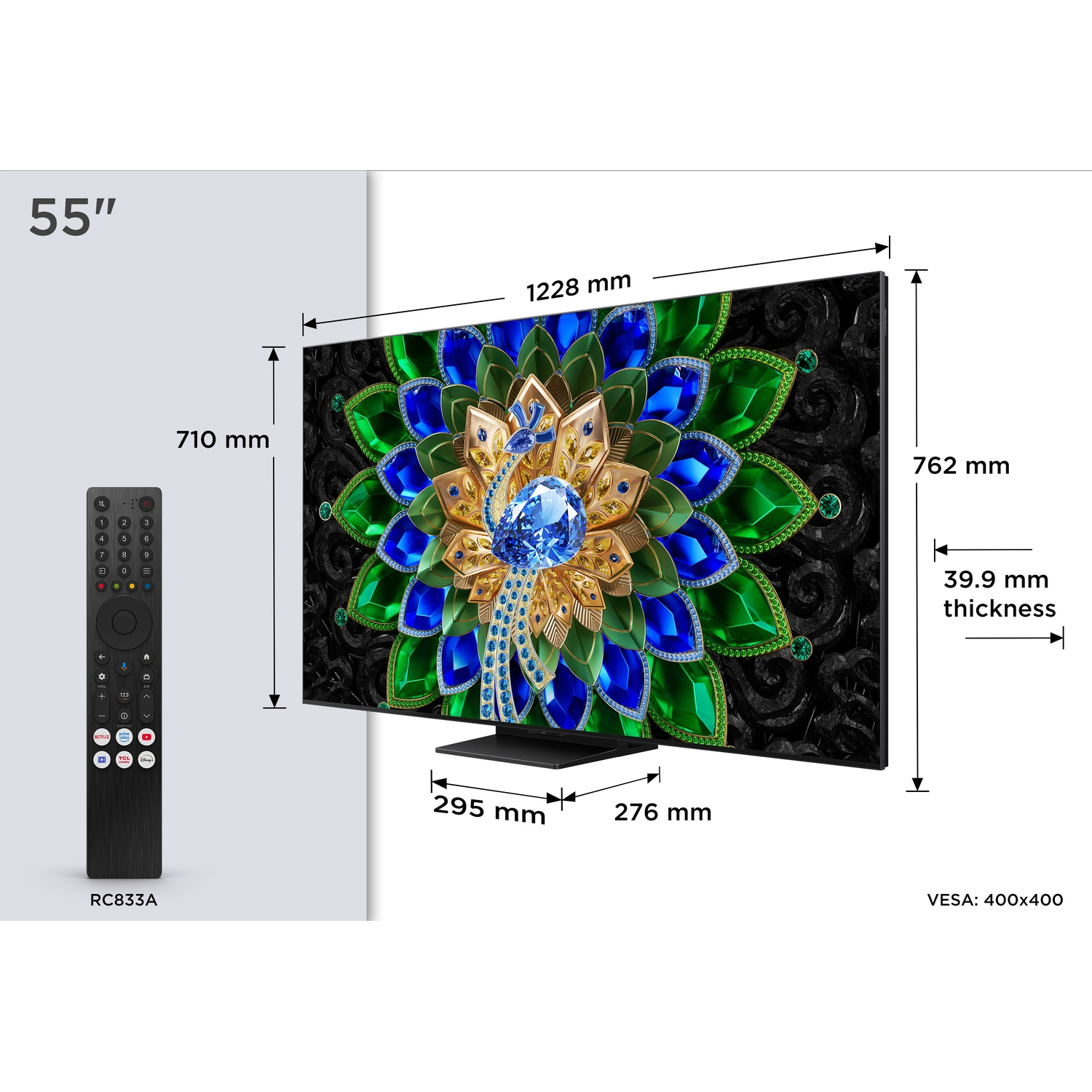TV 55 pouces avec graphique détaillé de paon et télécommande. Dimensions indiquées.
