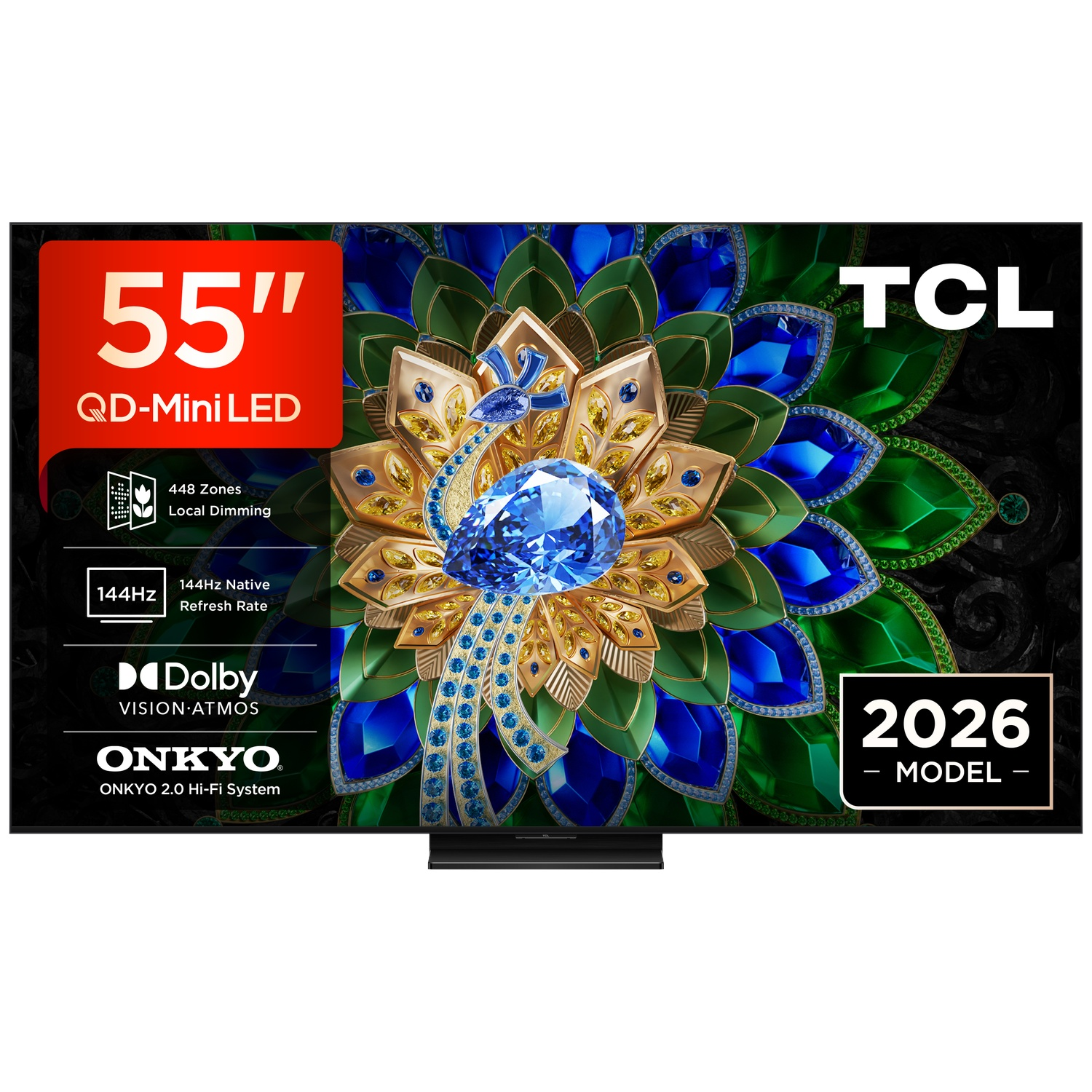 TV TCL QD-Mini LED 55" avec design paon, 144Hz, Dolby Vision, son Onkyo.