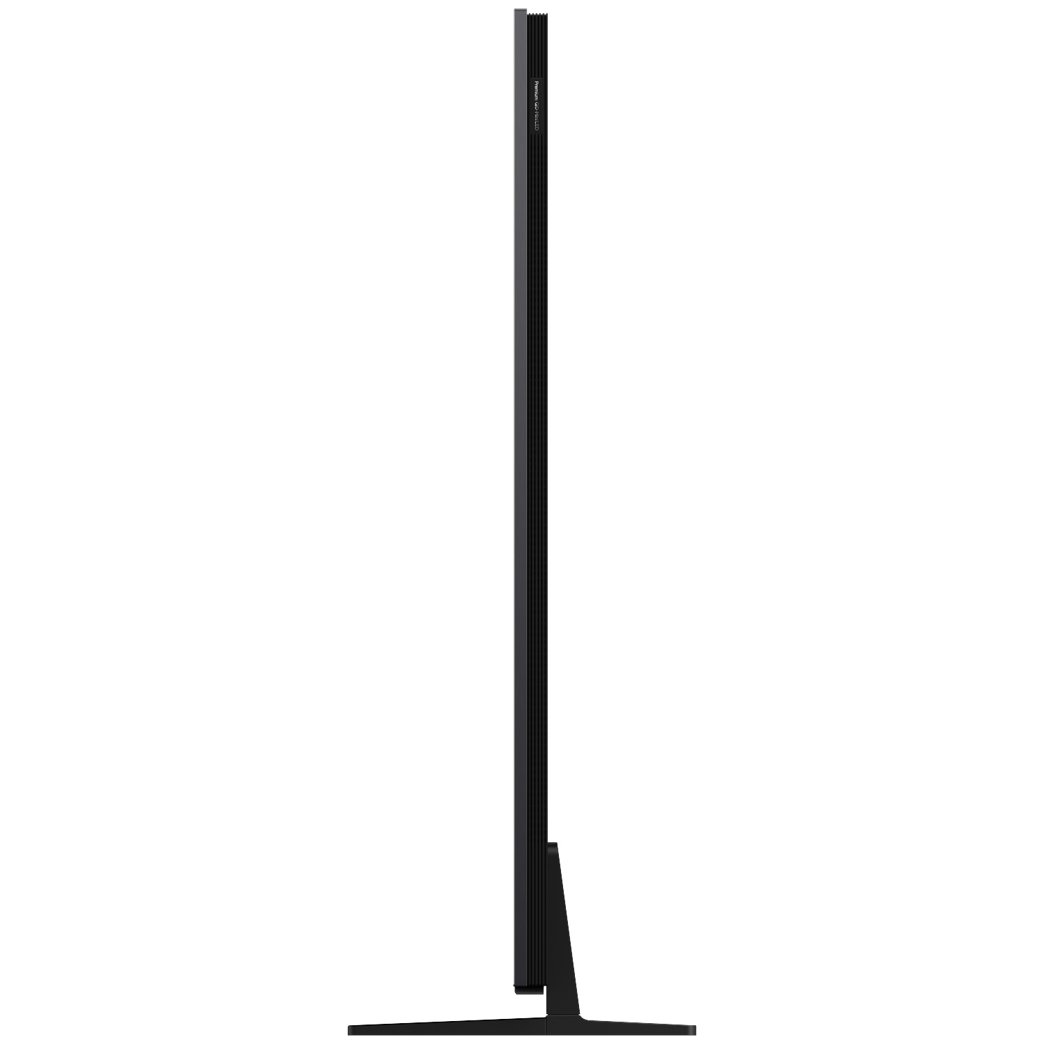 Un téléviseur noir et fin avec un support étroit sur fond blanc.