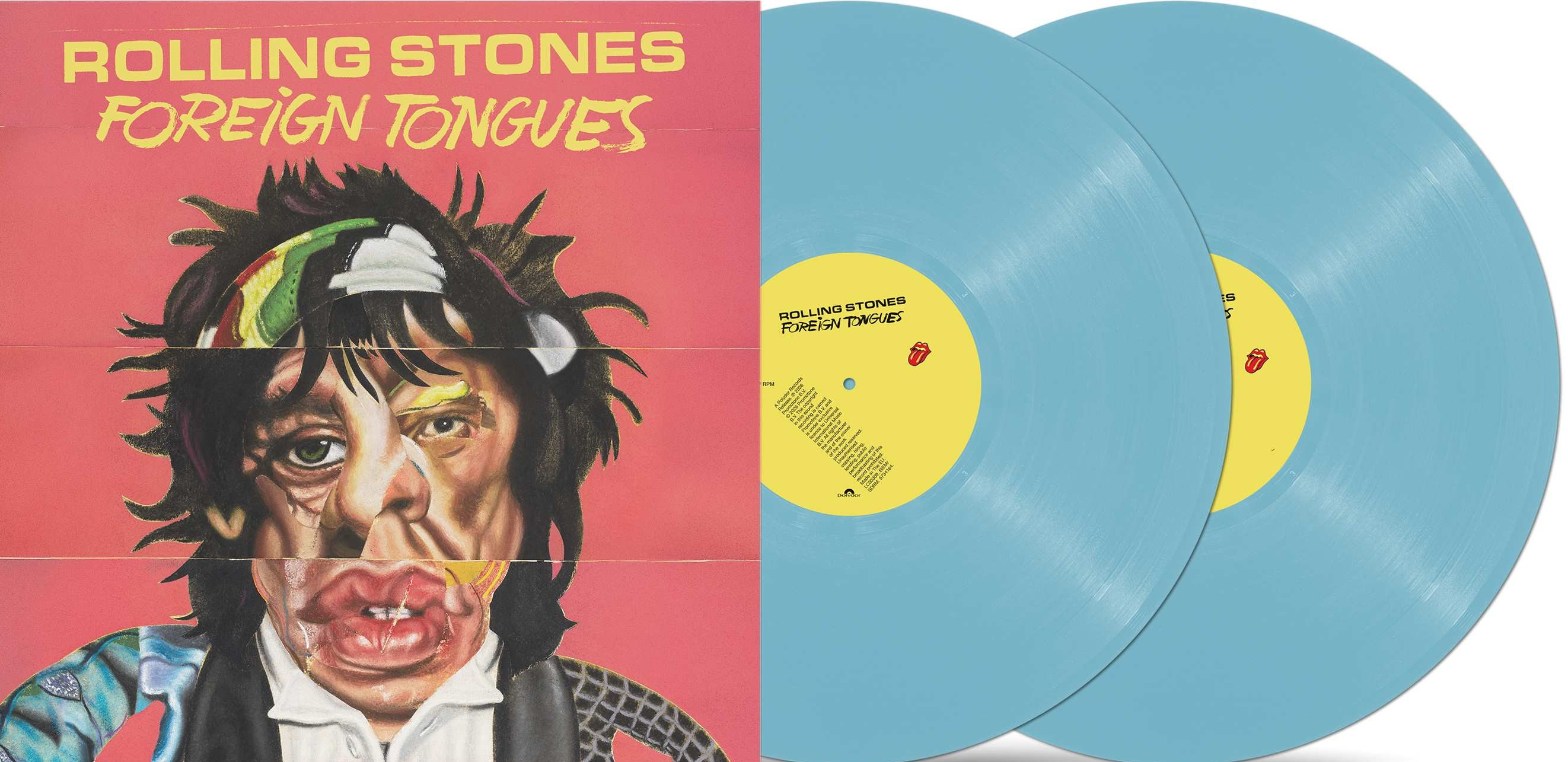 Das Rolling Stones Cover 'Foreign Tongues' neben zwei hellblauen Schallplatten.