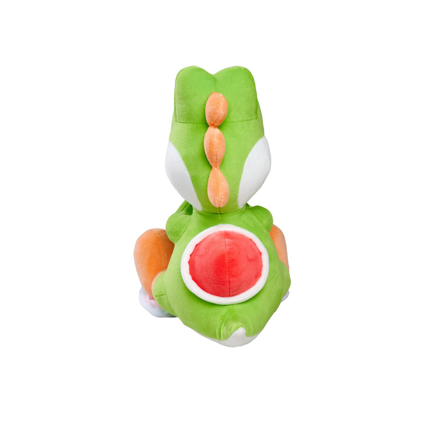 Grüner Yoshi Plüschtier mit orangen Füßen und einem roten Schild auf dem Rücken.
