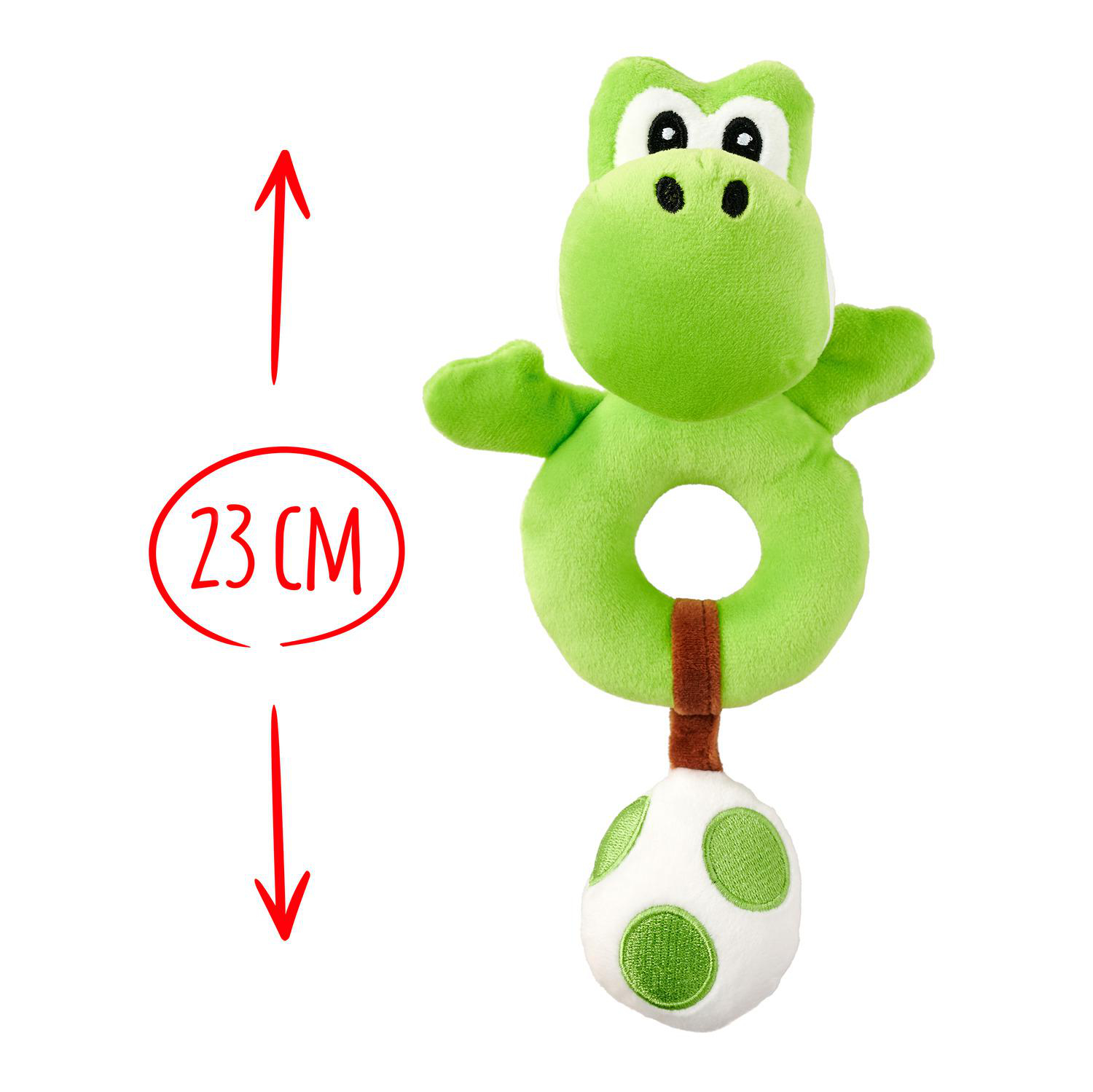 Grüner Yoshi-Plüsch mit Ei-Anhänger und 23 cm Größenangabe.