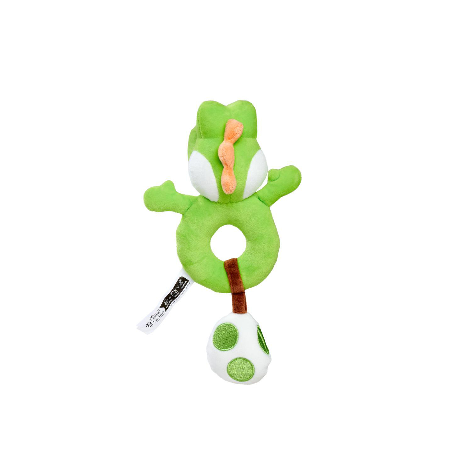 Grüner Plüsch Yoshi mit Ring und Eianhänger auf weißem Hintergrund.