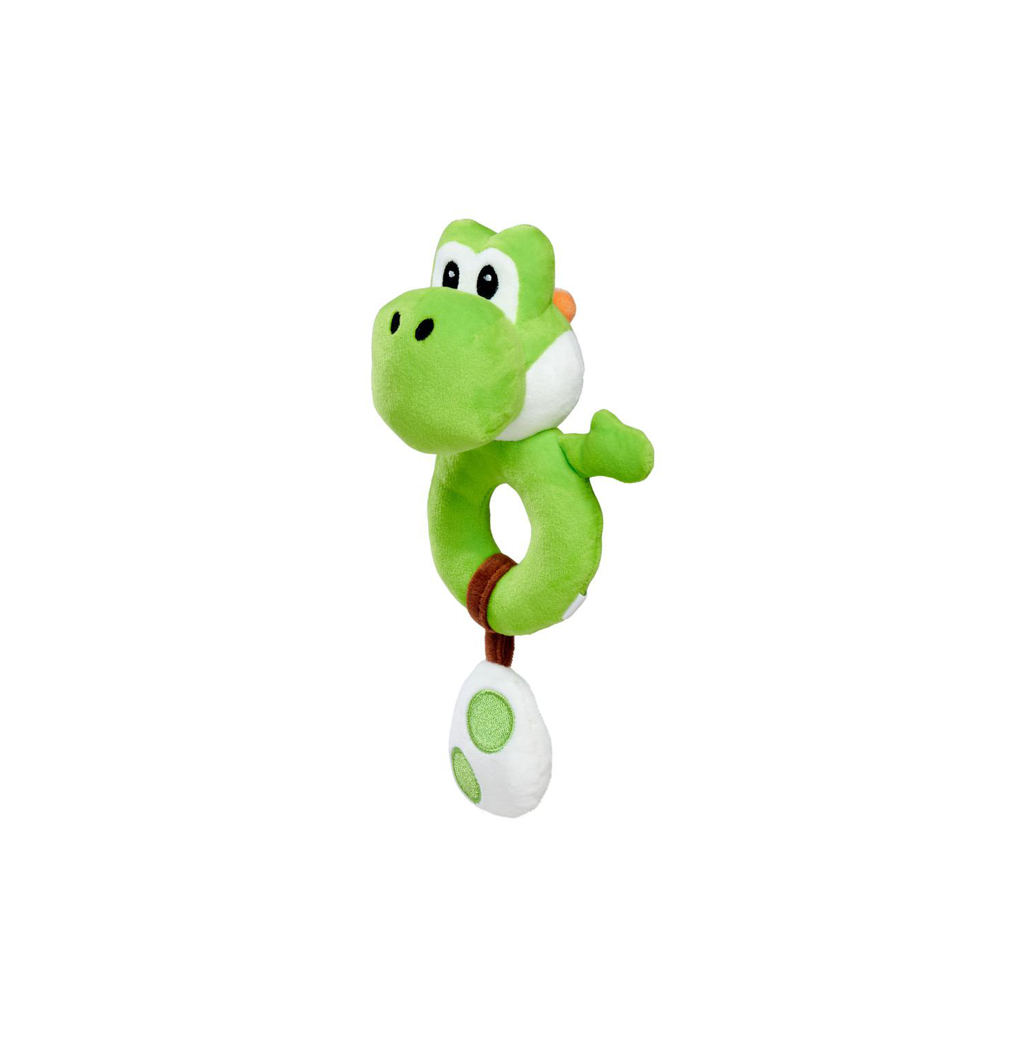 Grüner Yoshi Plüschanhänger mit Ei, auf weißem Hintergrund.