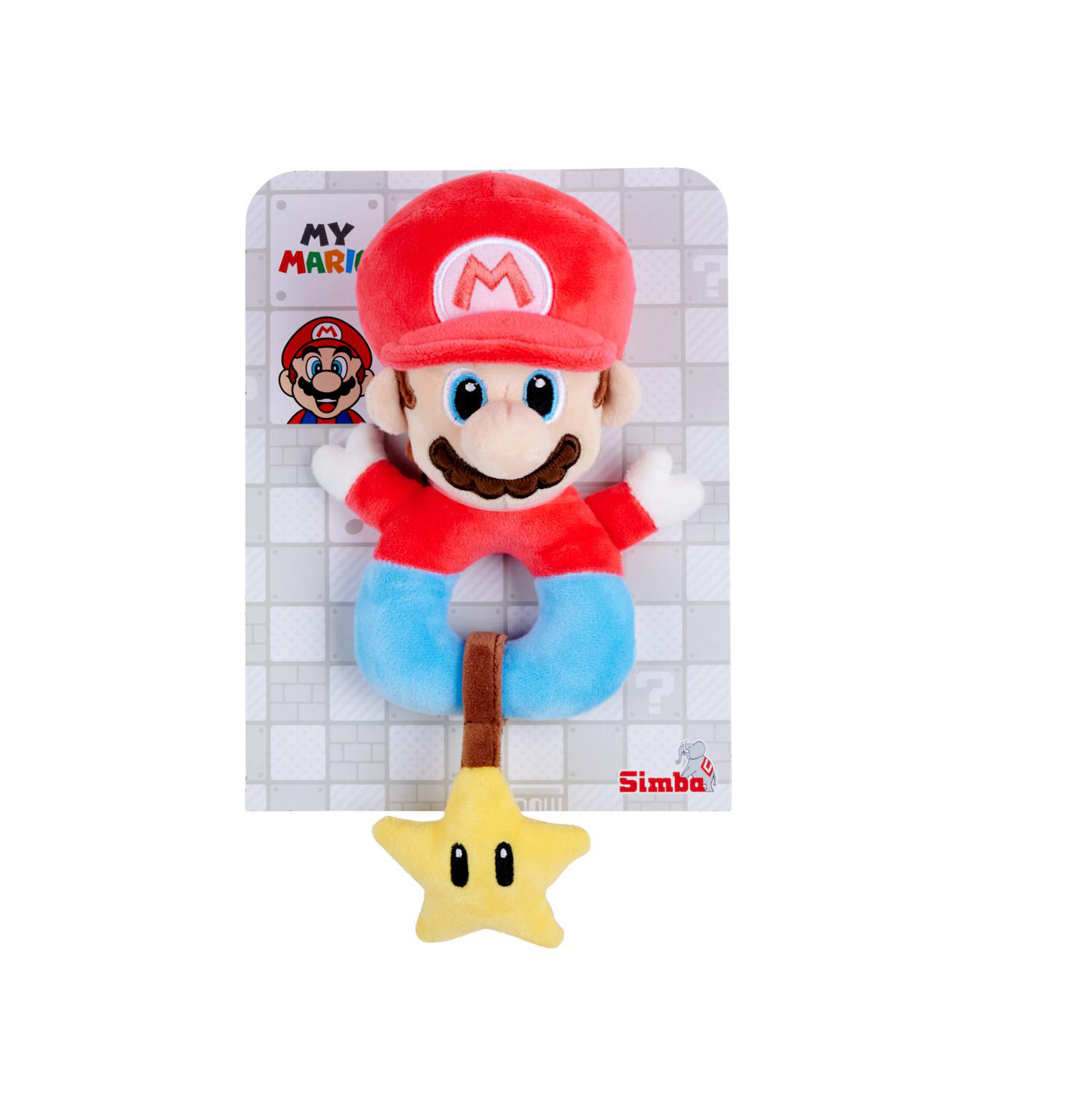 Mario-Plüschfigur mit roter Mütze, blau-rotem Overall und Stern-Anhänger.