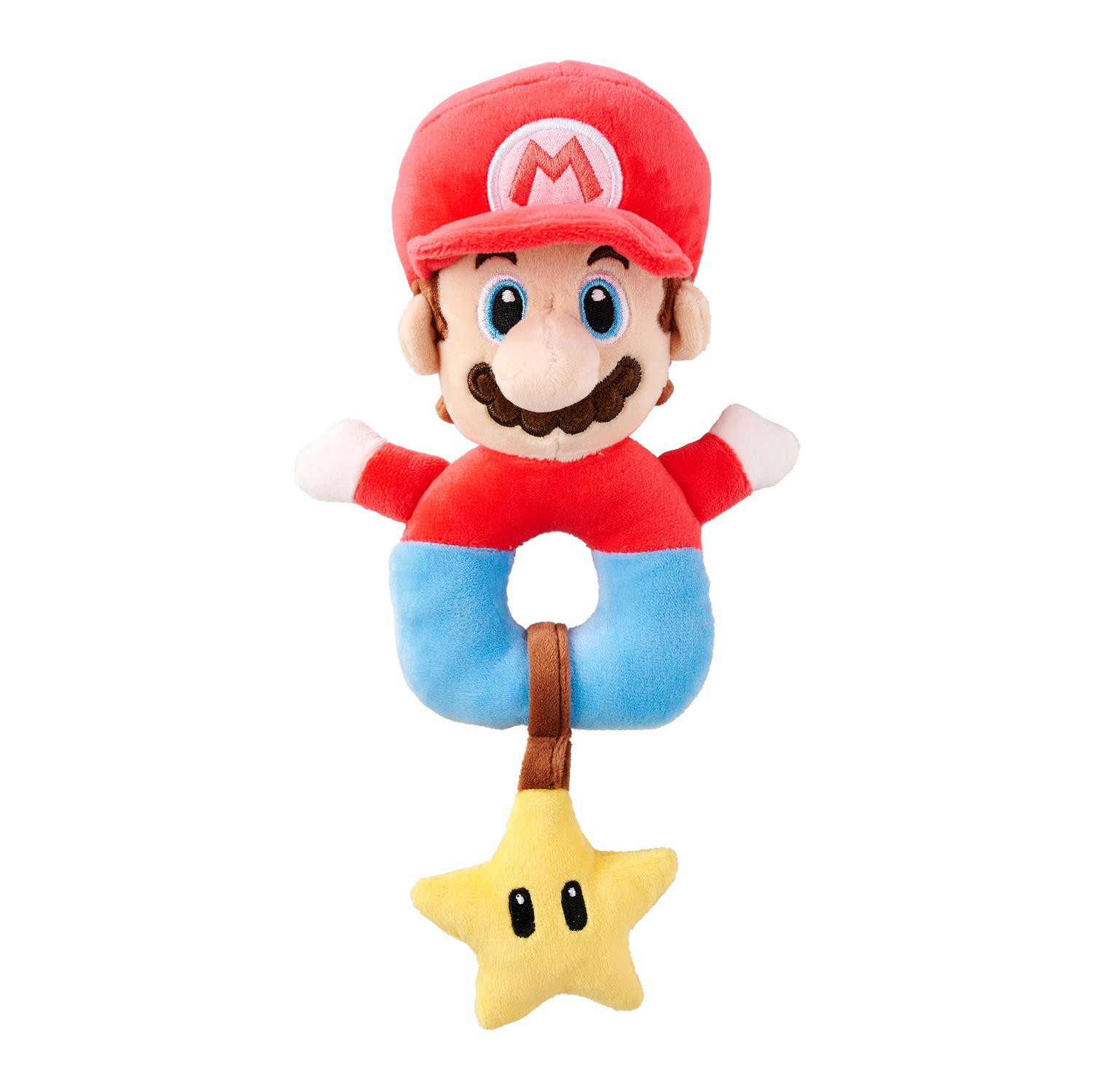 Ein Mario-Plüschtier mit einem Stern-Anhänger, vor weißem Hintergrund.