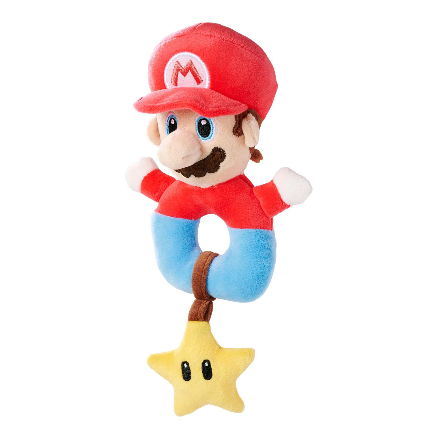 Plüsch-Mario mit Ring und Stern. Mario trägt rote Mütze, rotes Hemd und blaue Hose.