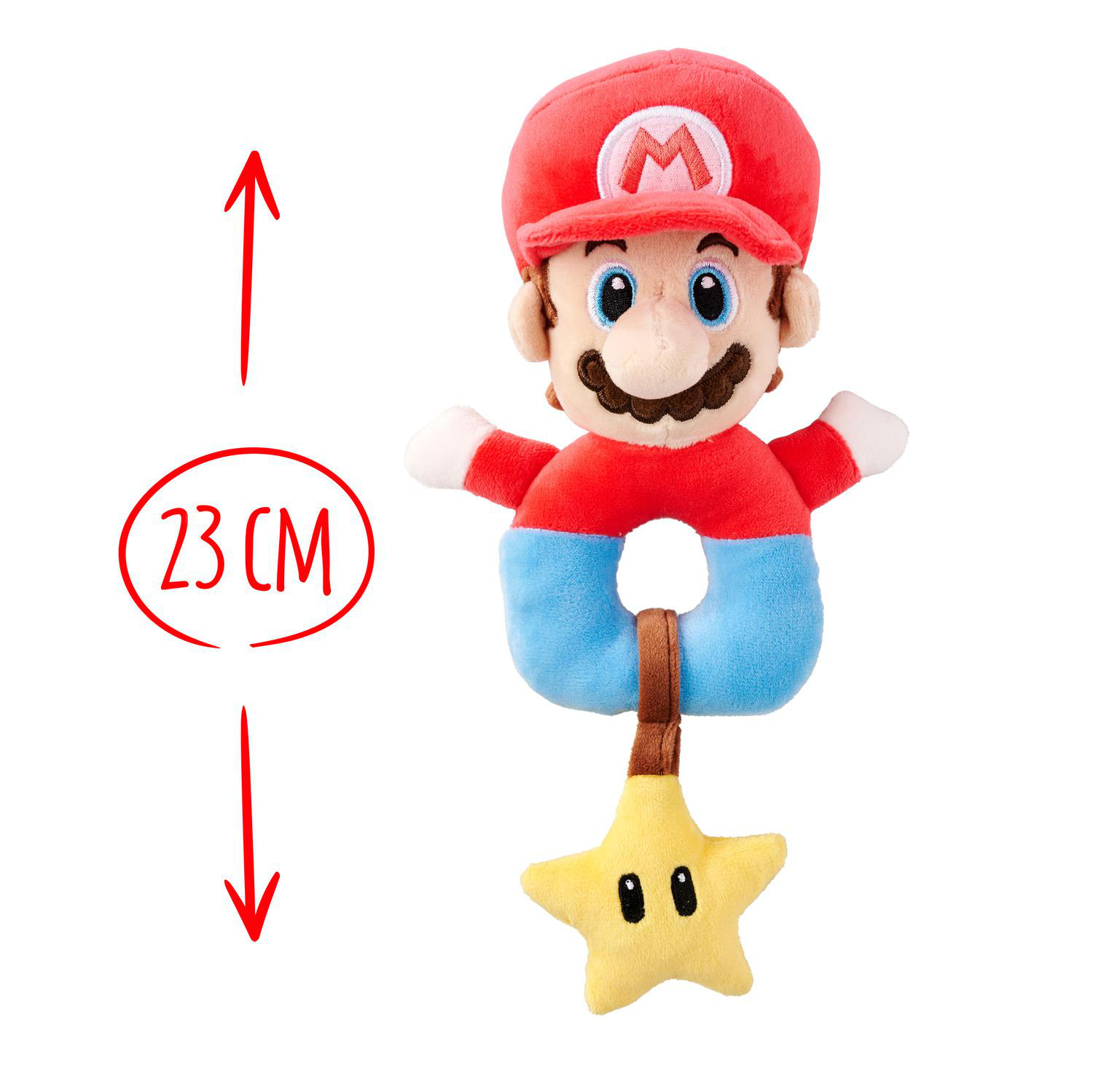 Mario-Plüschfigur mit Sternanhänger, 23 cm hoch.