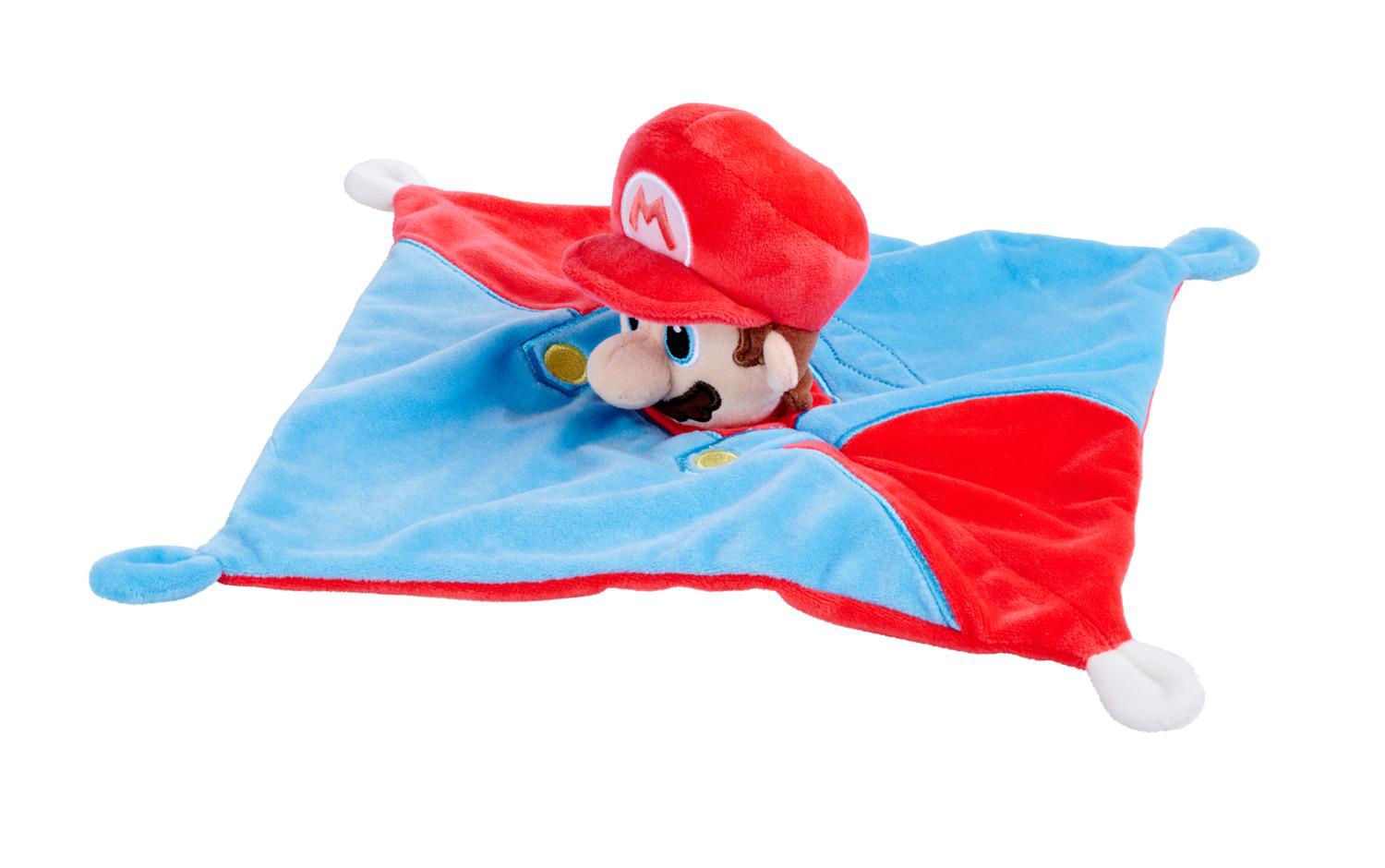Ein Mario-Plüschtier auf einer blauen und roten Decke.