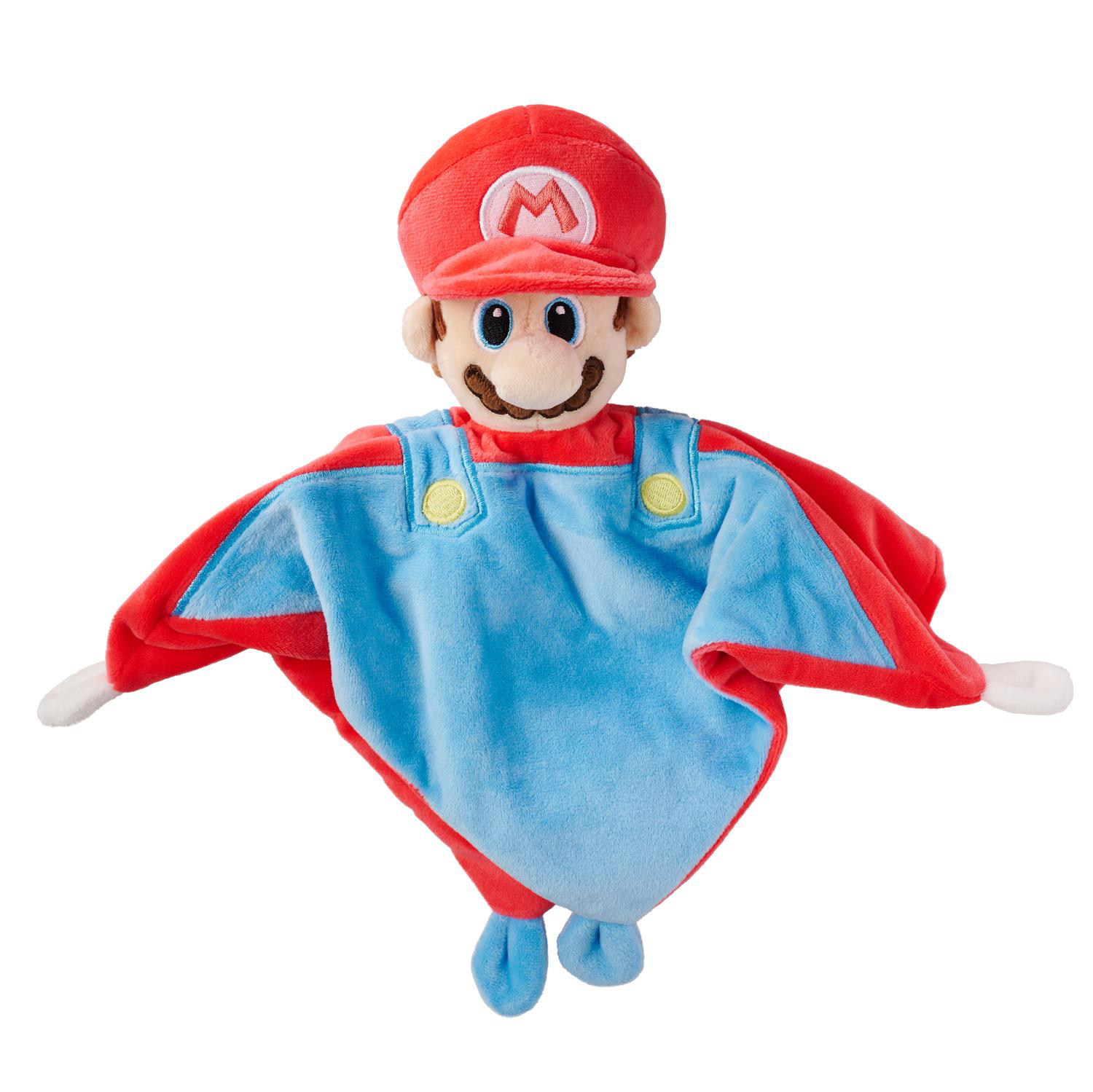 Plüsch-Mario-Figur mit roter Mütze und blauer Latzhose, auf weißem Hintergrund.