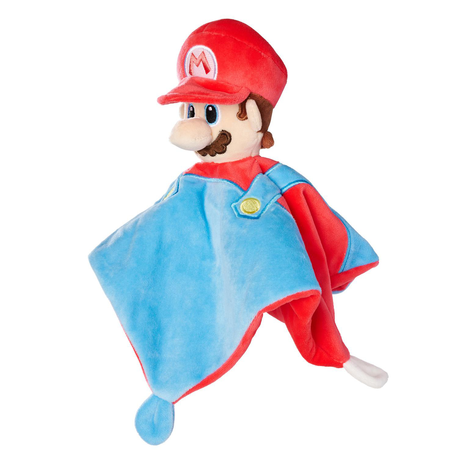 Plüsch-Mario mit roter Mütze, blauem Lätzchen und rotem Umhang auf weißem Hintergrund.