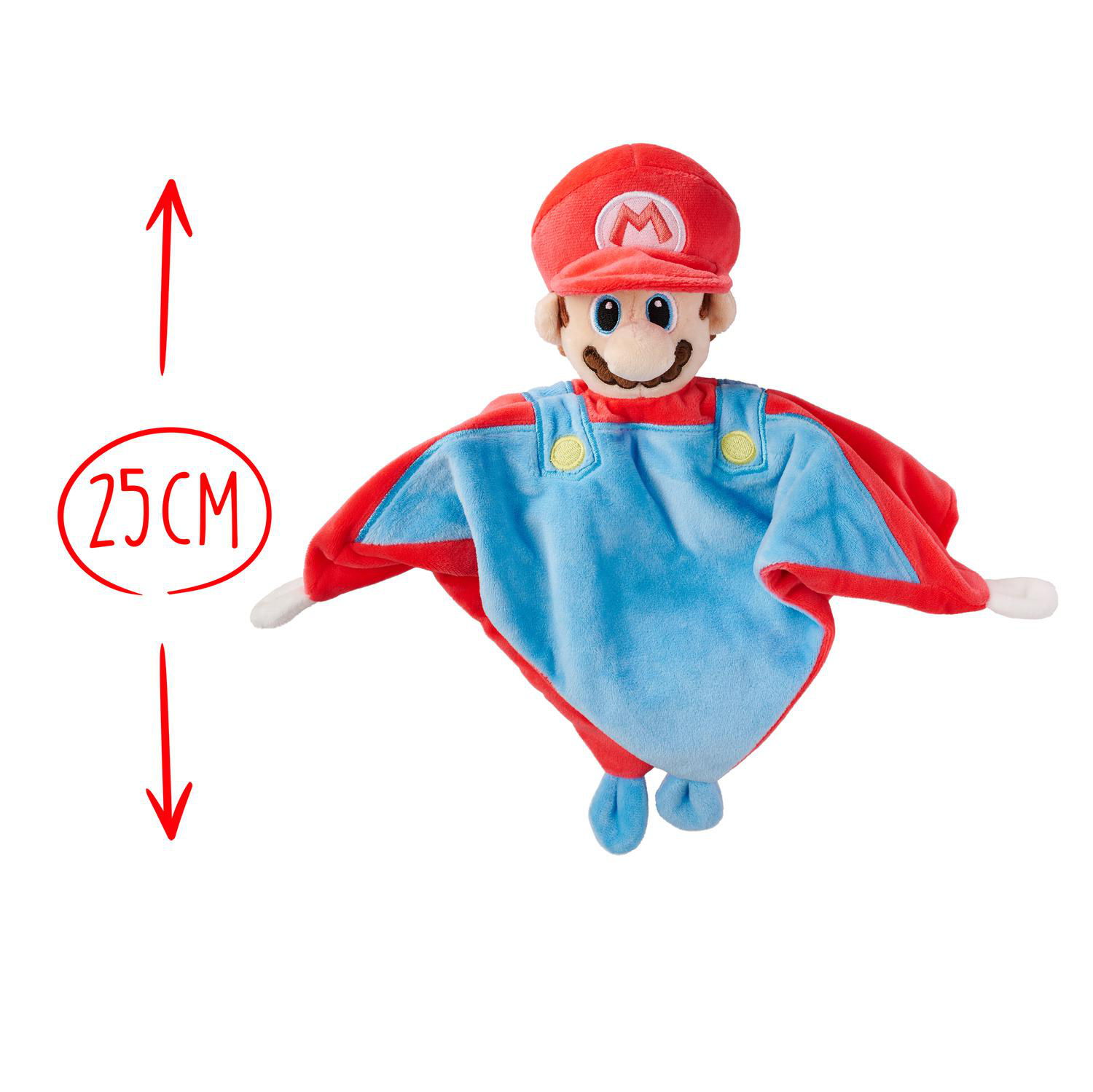 Eine Mario-Puppe mit roter Mütze, blauer Latzhose und rotem Umhang.