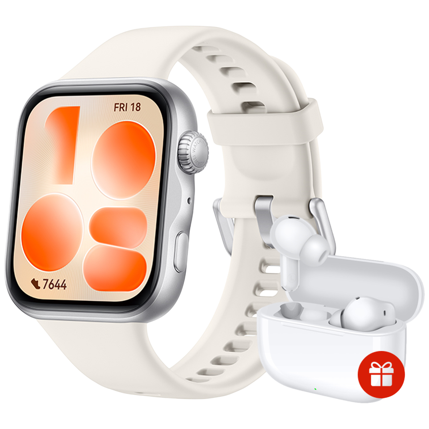 Montre connectée argentée avec bracelet clair et écouteurs blancs dans un étui.