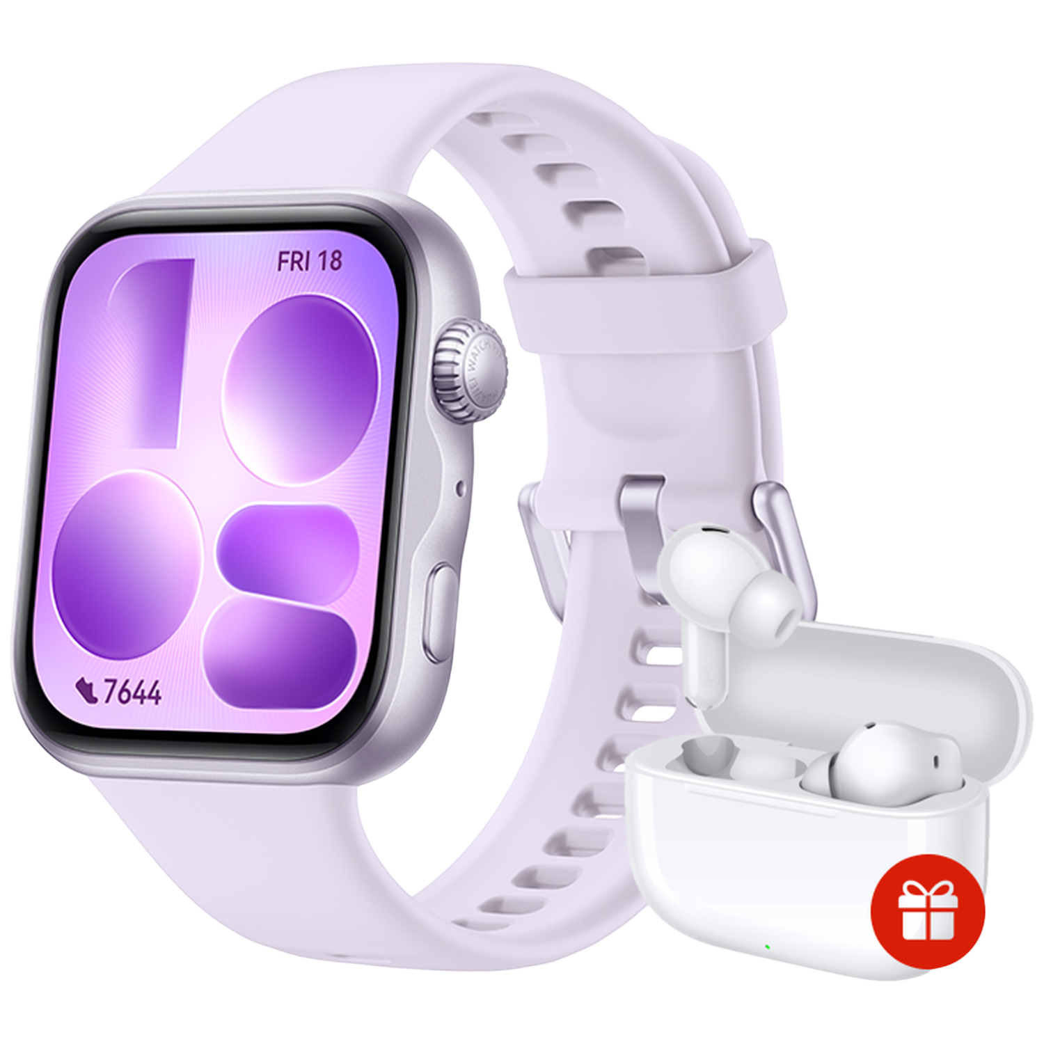Montre connectée argentée avec bracelet violet et écouteurs blancs dans leur étui.