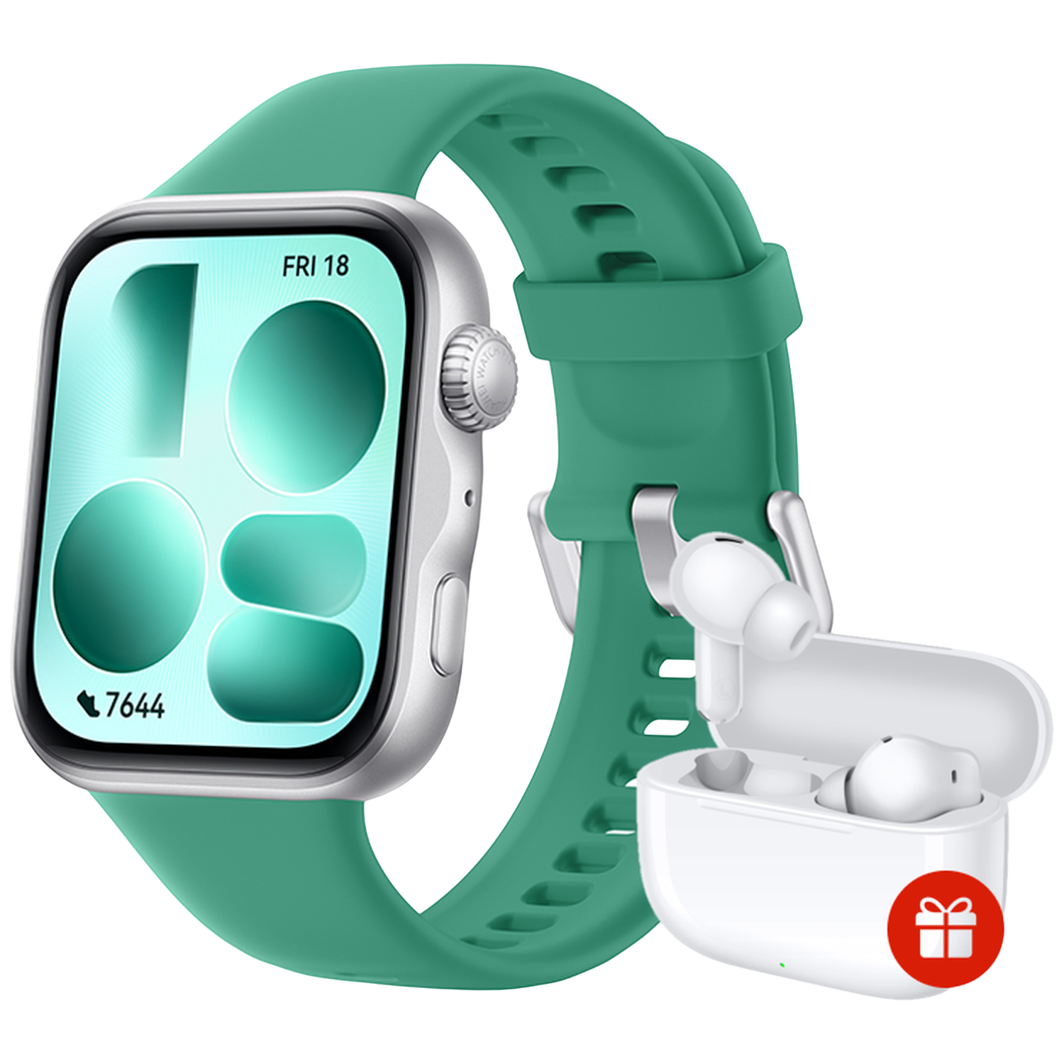 Une montre connectée verte avec des écouteurs dans un étui de chargement, sur fond noir.