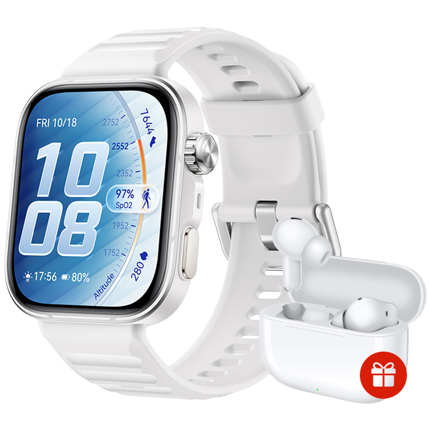 Montre connectée blanche avec écouteurs. La montre affiche l'heure, la date, le SpO2 et l'altitude.