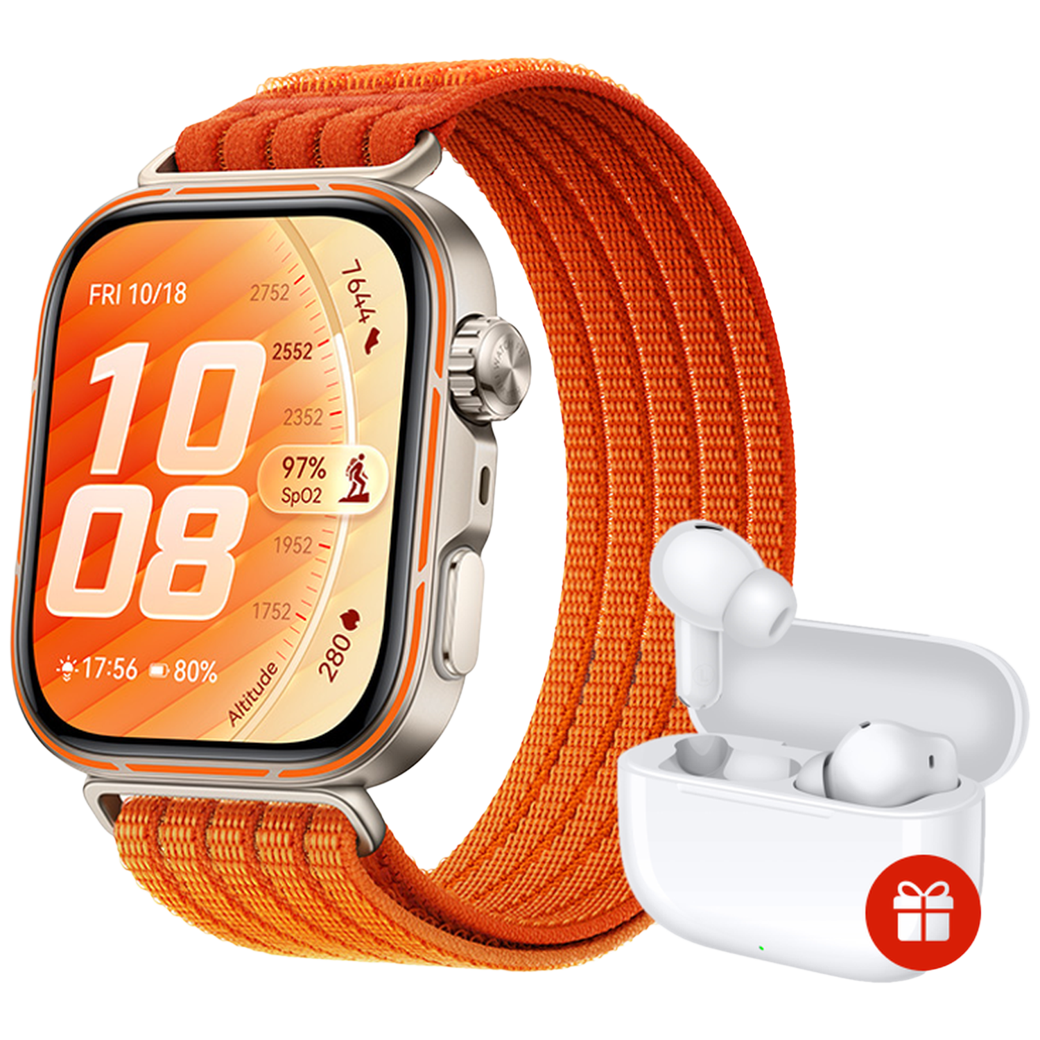 Une montre connectée orange avec un étui de chargement d'écouteurs blanc à côté.