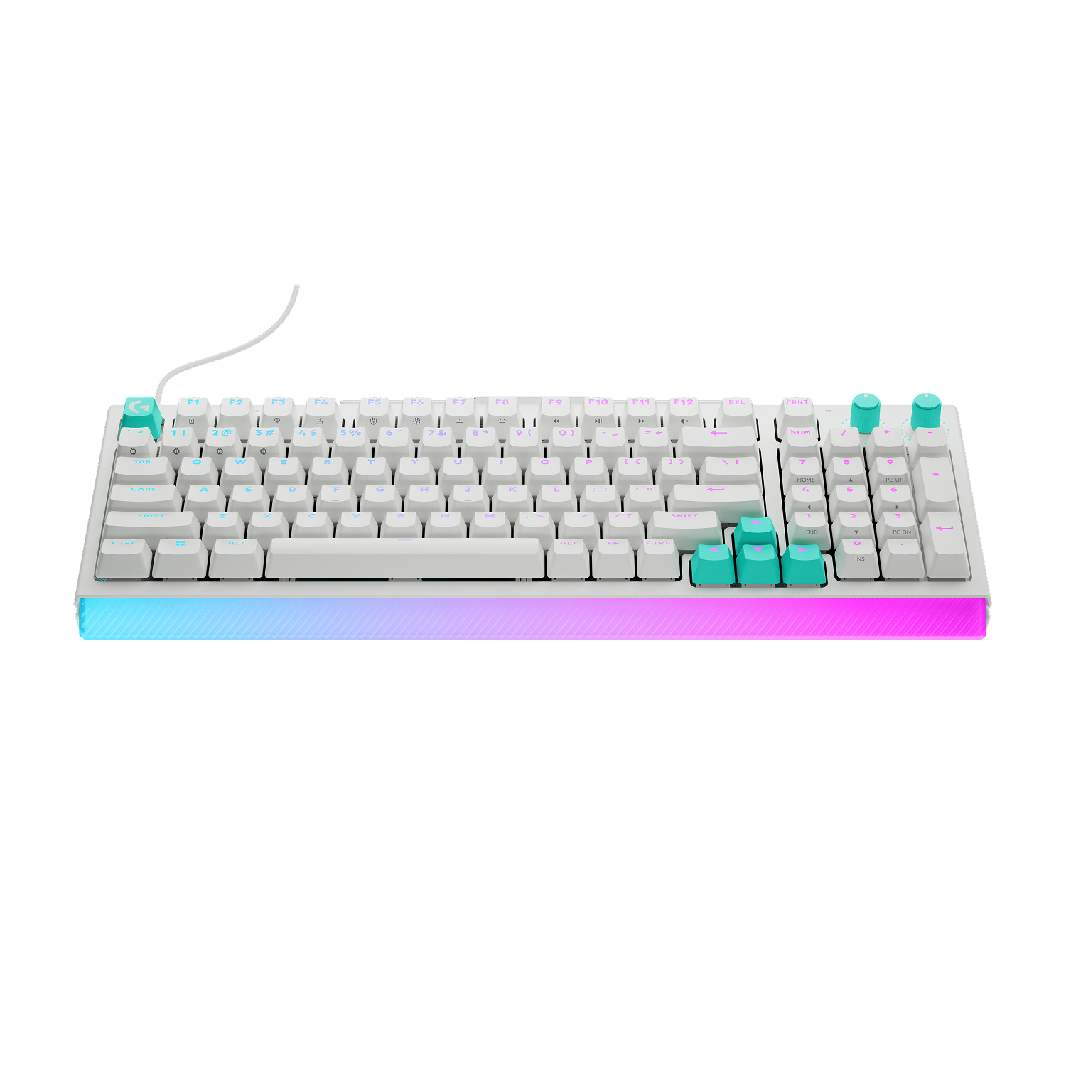 Teclado mecánico blanco con detalles turquesa y una tira de luz RGB rosa/azul.