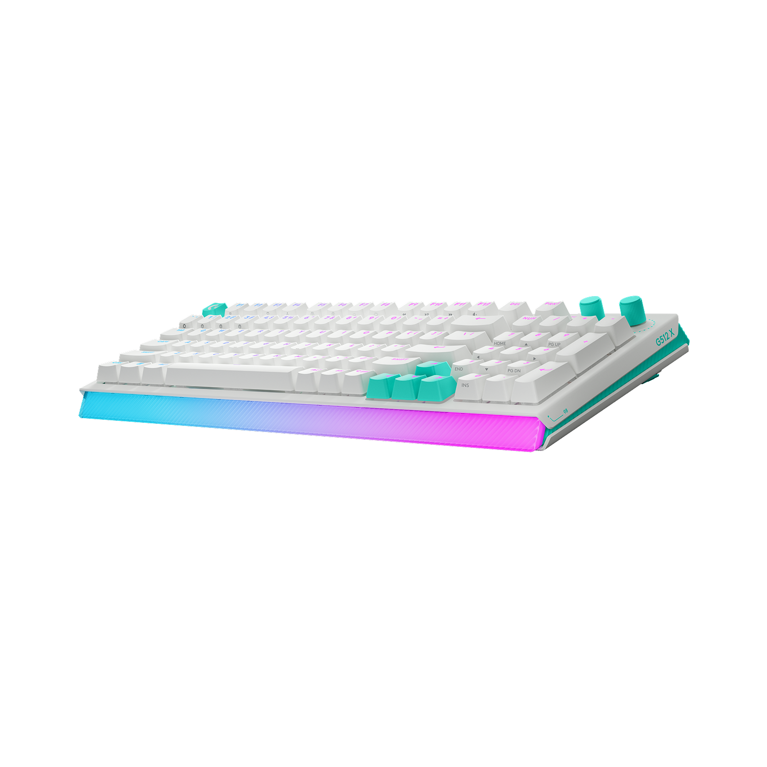 Teclado blanco con detalles turquesa y base de iluminación RGB.