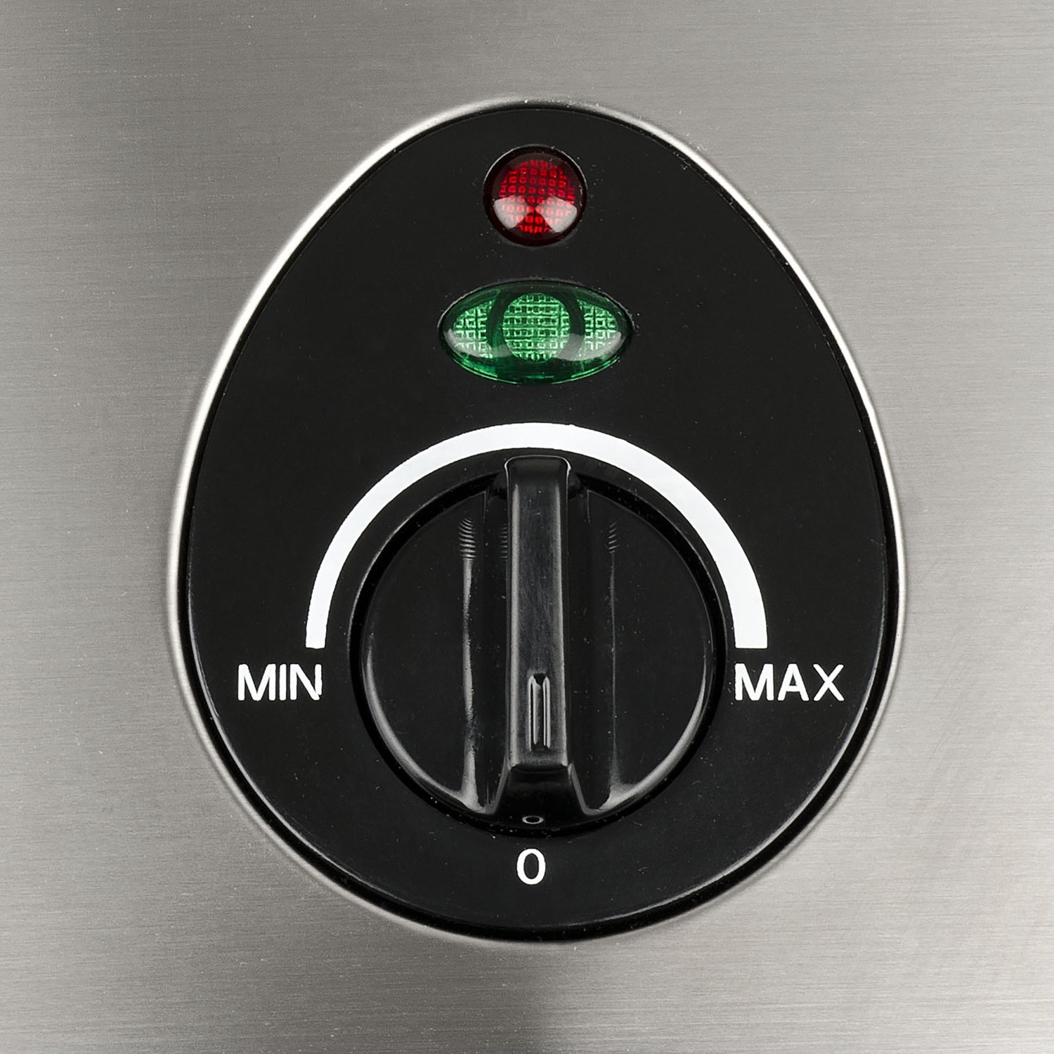 Una manopola con segni Min/Max, LED rossi e verdi su un involucro metallico.