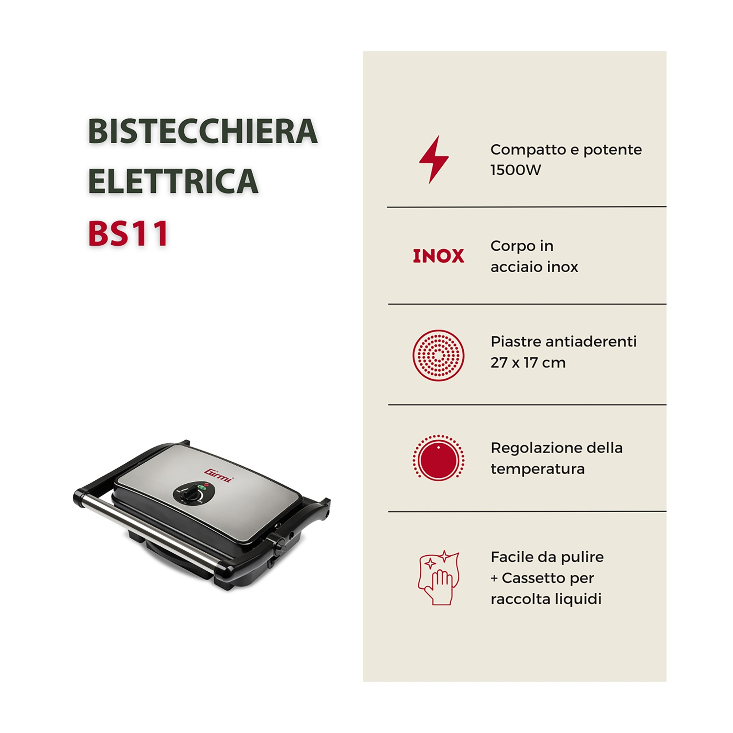 Bistecchiera elettrica Girmi BS11, acciaio inox, 1500W, piastre antiaderenti.