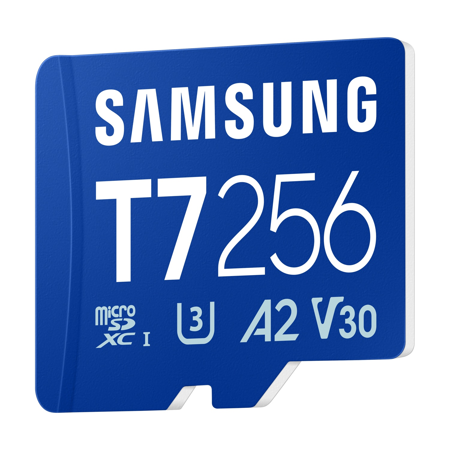 Scheda MicroSDXC Samsung blu con etichette T7256, A2, V30.