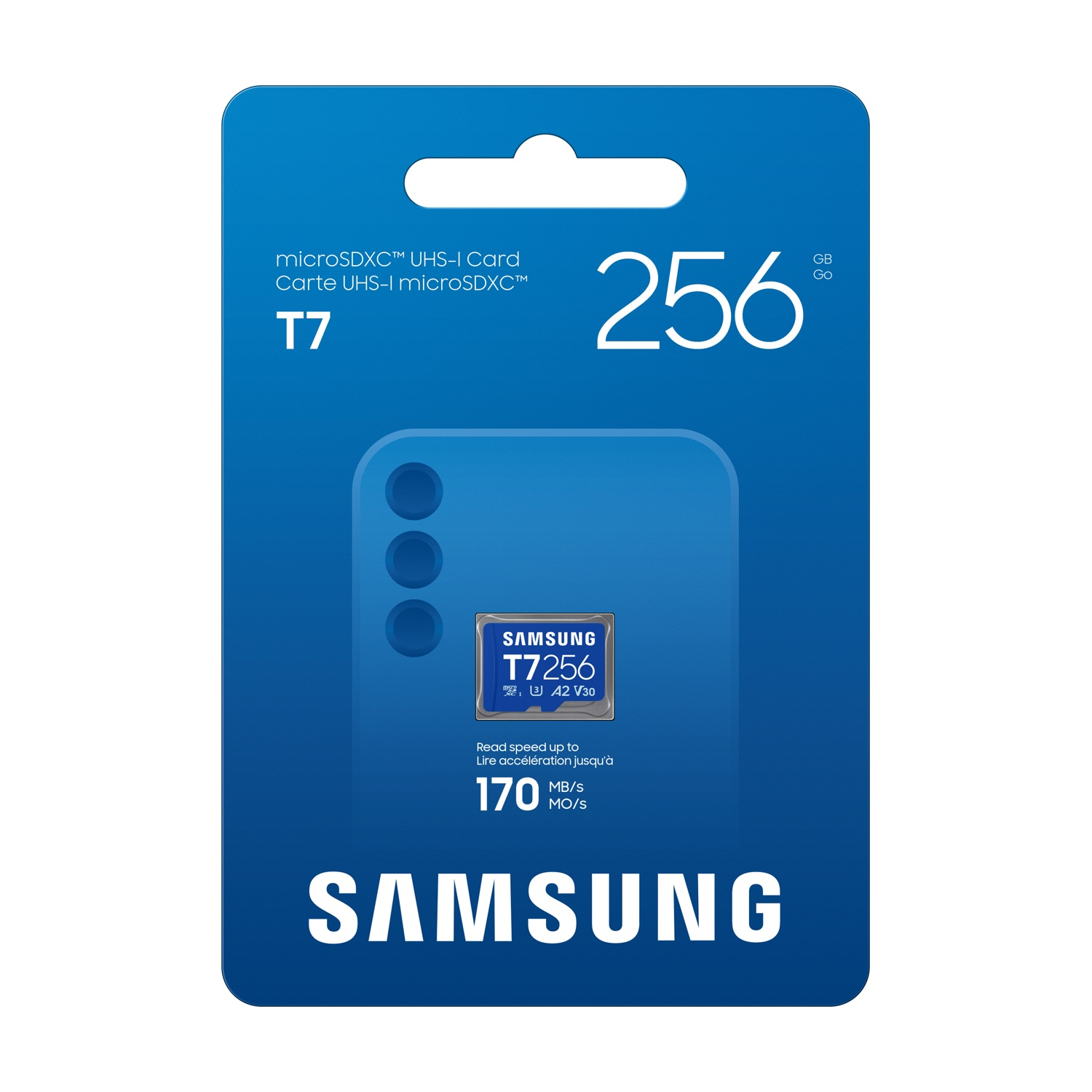 Scheda microSDXC Samsung T7 256GB con UHS-I, 170MB/s velocità lettura.