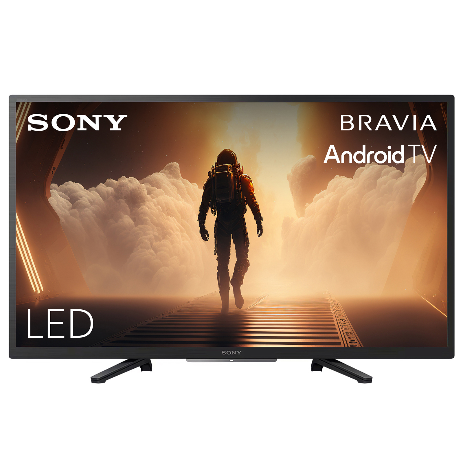 Sony Bravia Android TV pokazuje astronautę na pomoście przed chmurami. LED.