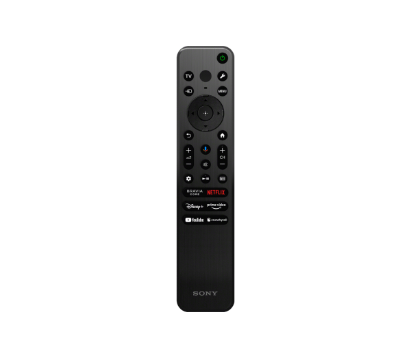 Czarny pilot Sony TV z przyciskami i skrótami do aplikacji.
