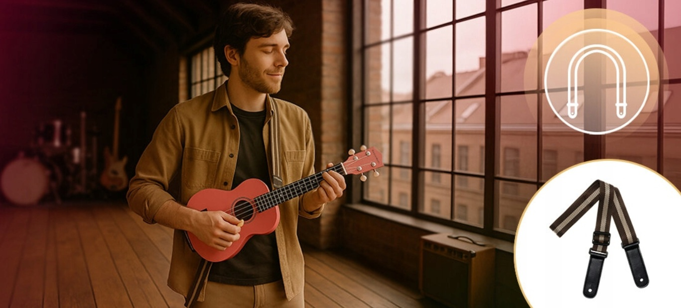 Mężczyzna gra na koralowej ukulele przed dużym oknem z gitarami w tle.